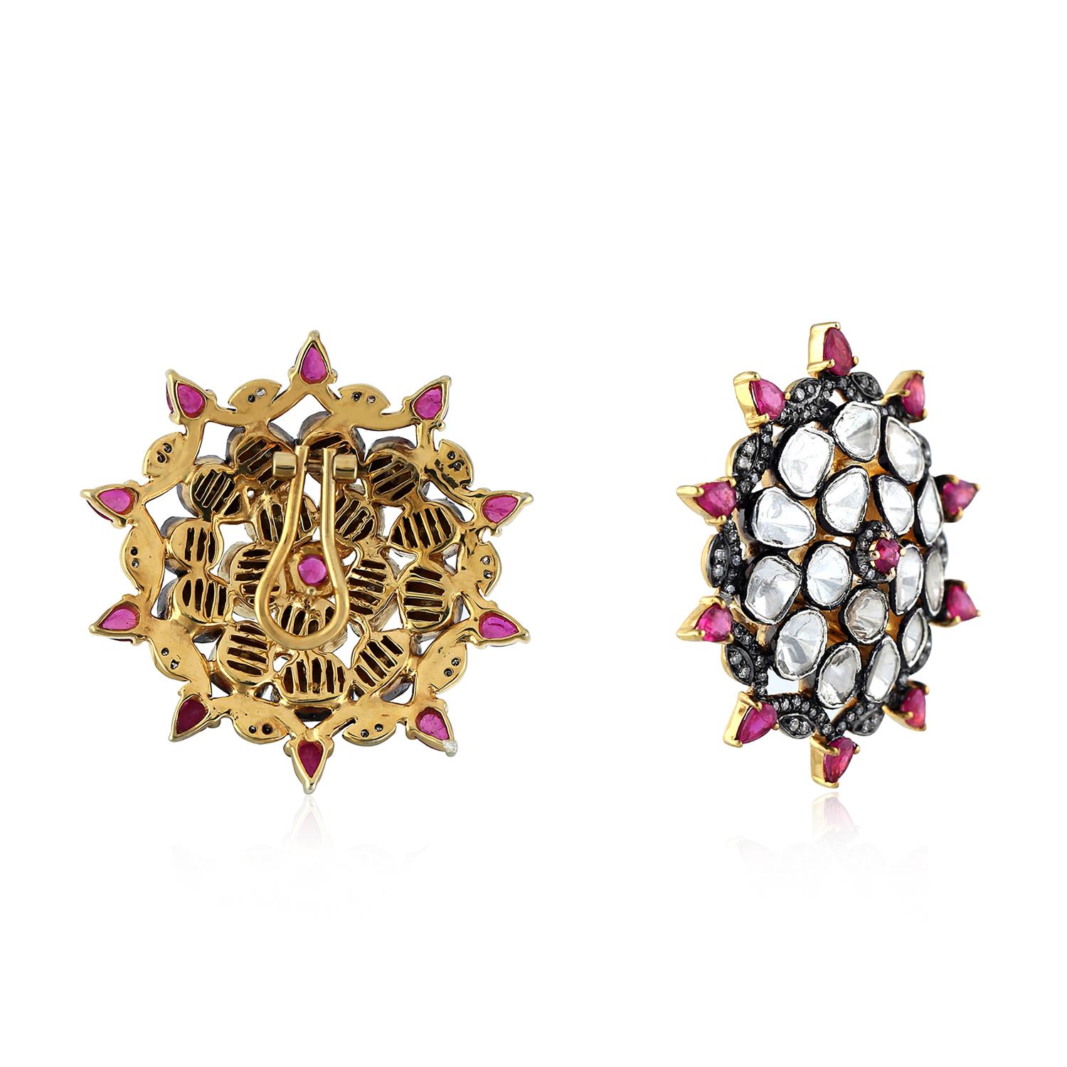 Artisan 8.03 Rosecut Diamond Ruby 18 Karat Gold Stud Earrings For Sale