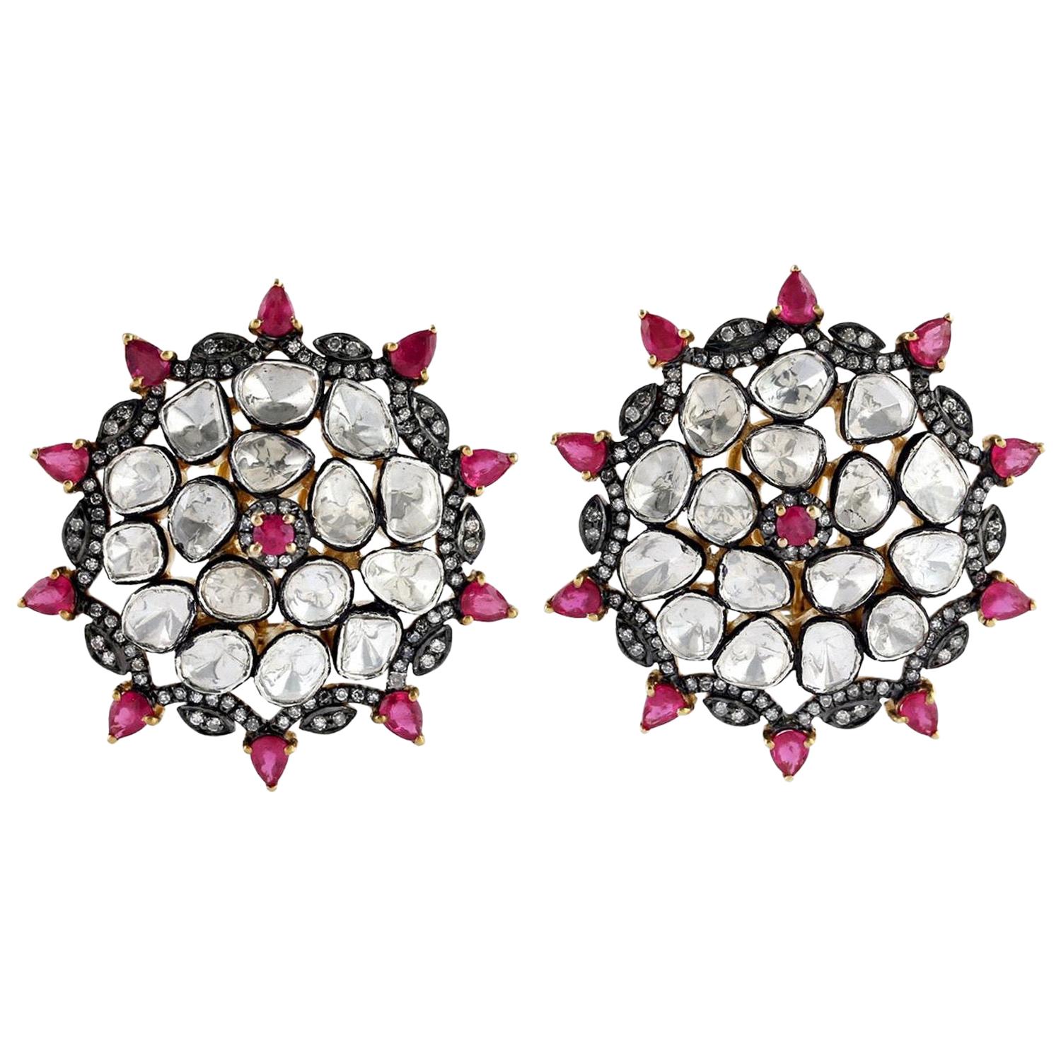 8.03 Rosecut Diamond Ruby 18 Karat Gold Stud Earrings For Sale