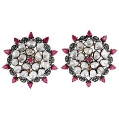 8.03 Rosecut Diamond Ruby 18 Karat Gold Stud Earrings