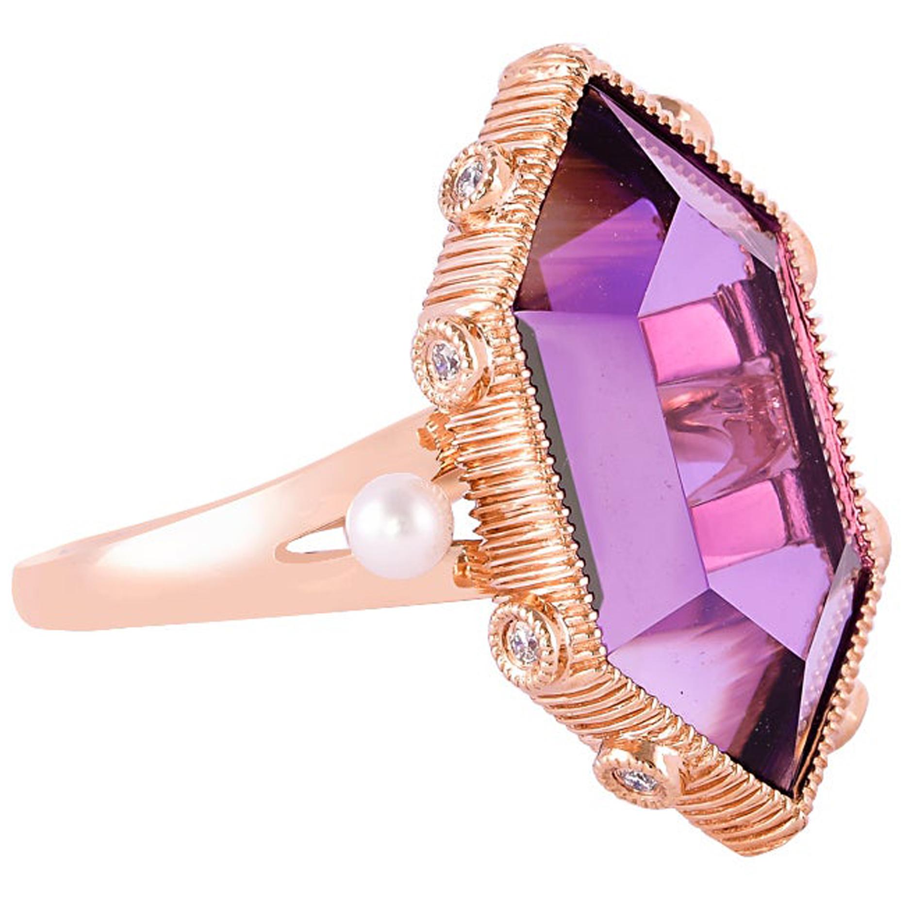 8.04 Carat Amethyst Ring in 18 Karat Rose Gold with Diamond and Pearls