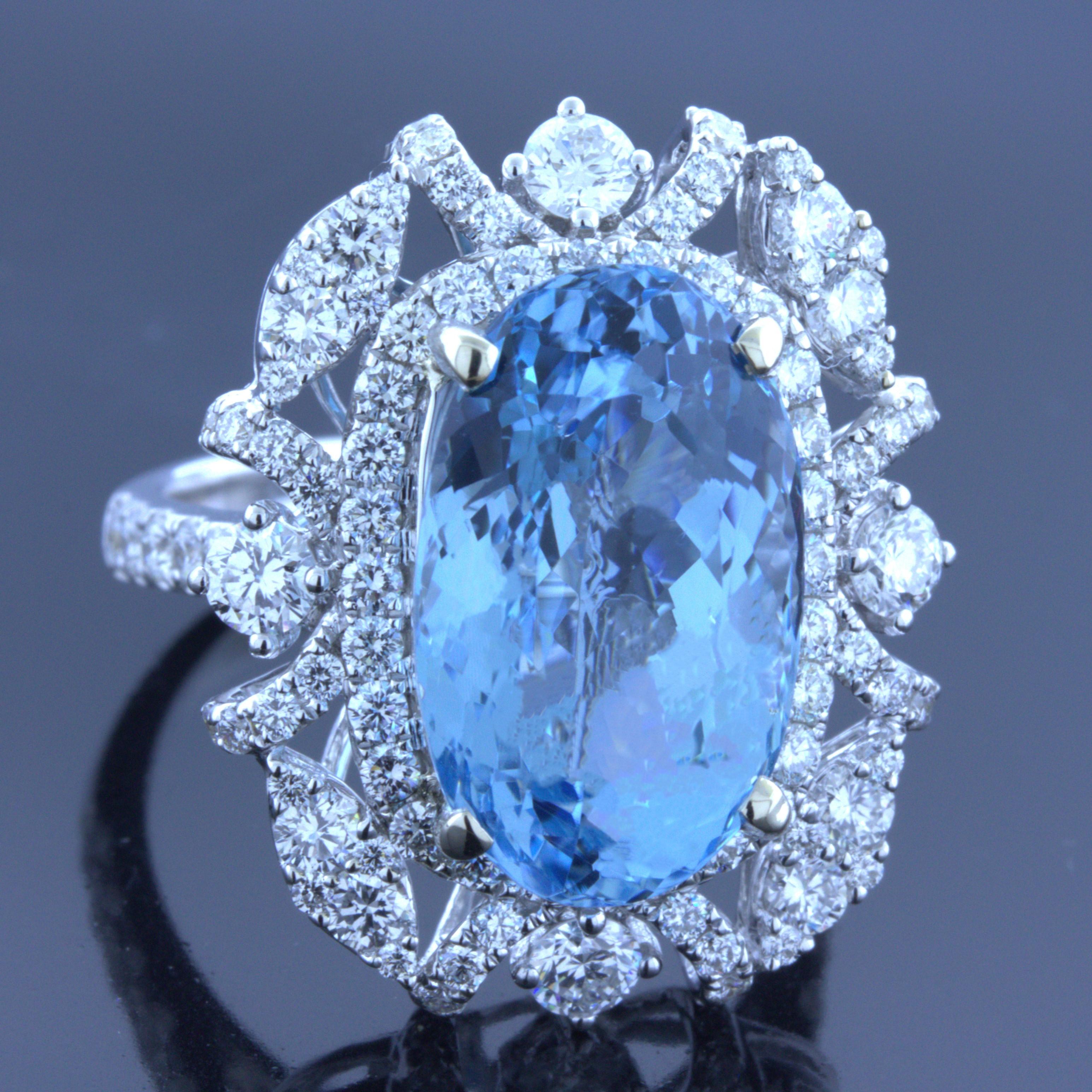 A chic and elegant ring featuring a very fine aquamarine. The oval-shape aqua weighs 8.04 carats and has a rich vibrant sea-blue color. Adding to that, the stone is completely clean and free of inclusions allowing the stone to shine. It is