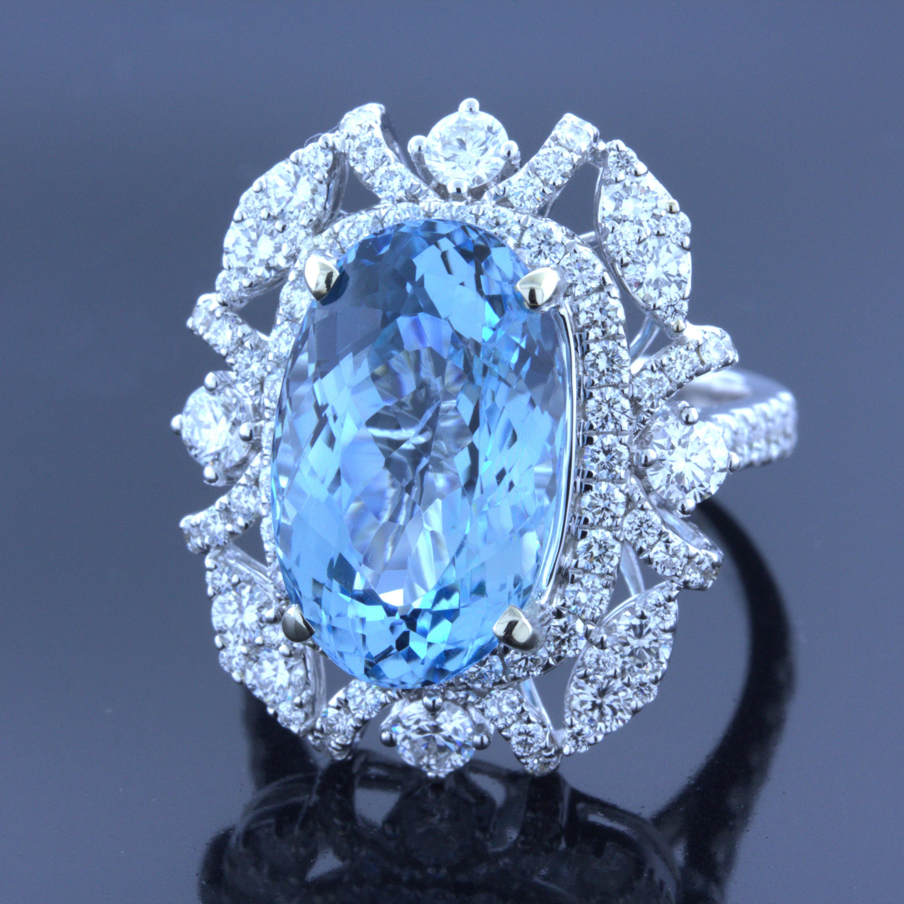 Oval Cut 8.04 Carat Aquamarine Diamond 18K White Gold Ring For Sale