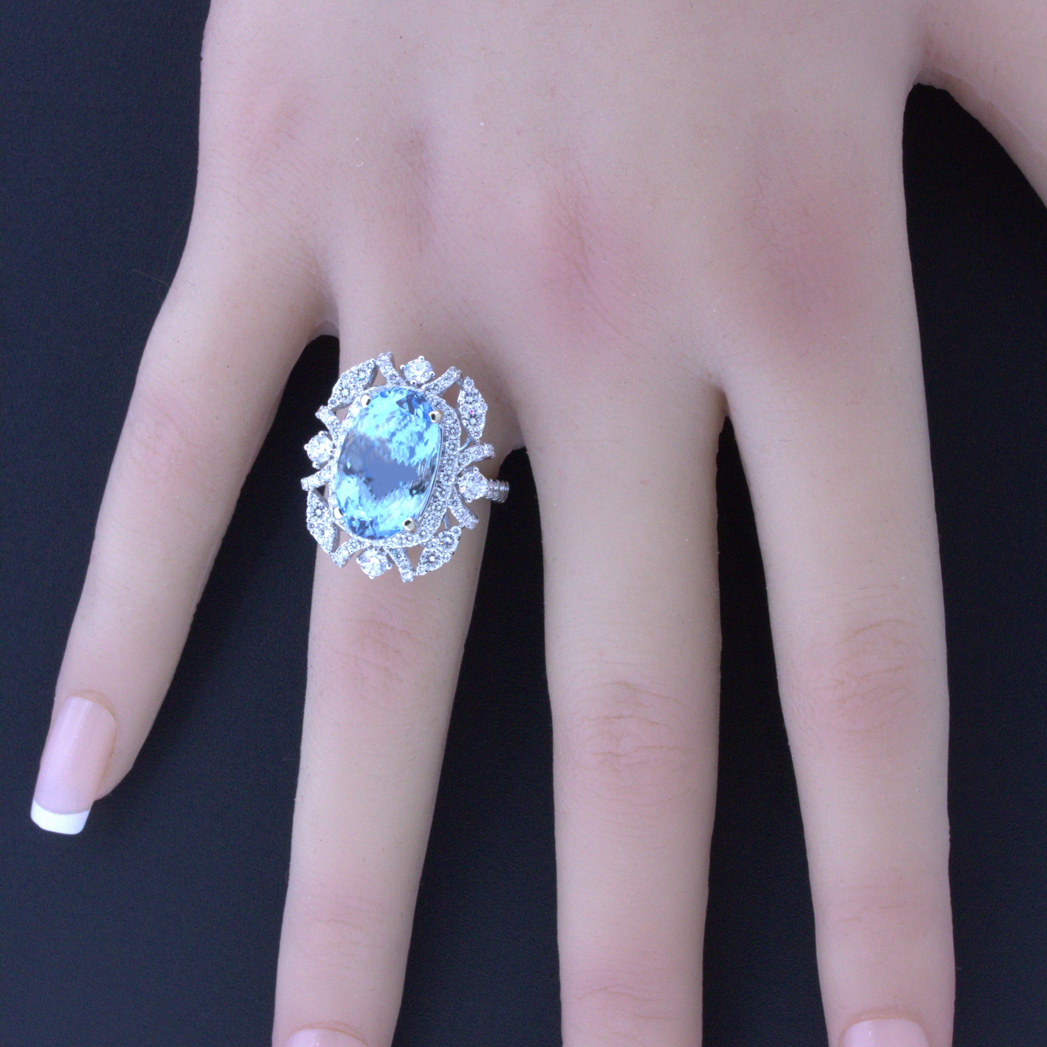 8.04 Carat Aquamarine Diamond 18K White Gold Ring For Sale 1