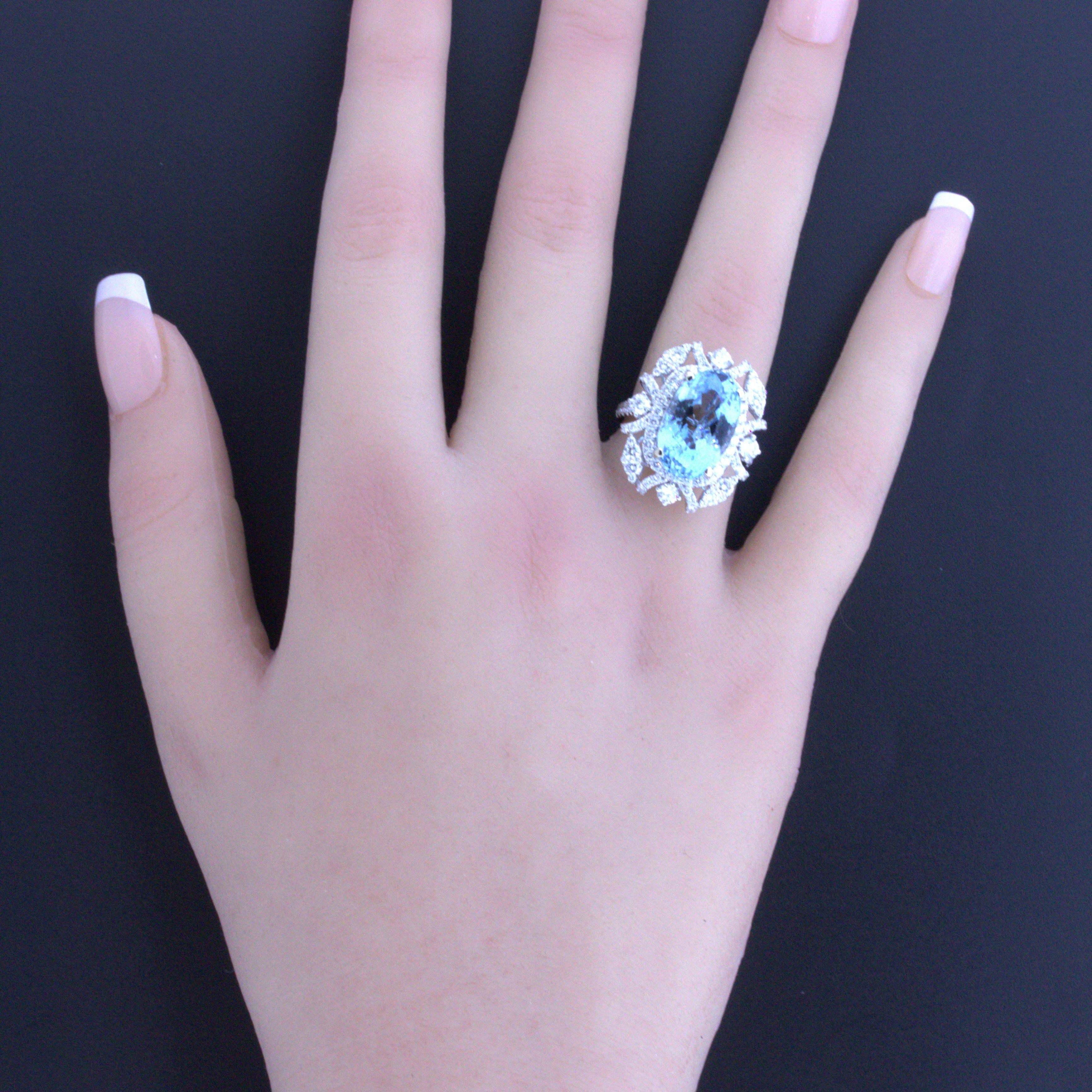8.04 Carat Aquamarine Diamond 18K White Gold Ring For Sale 2
