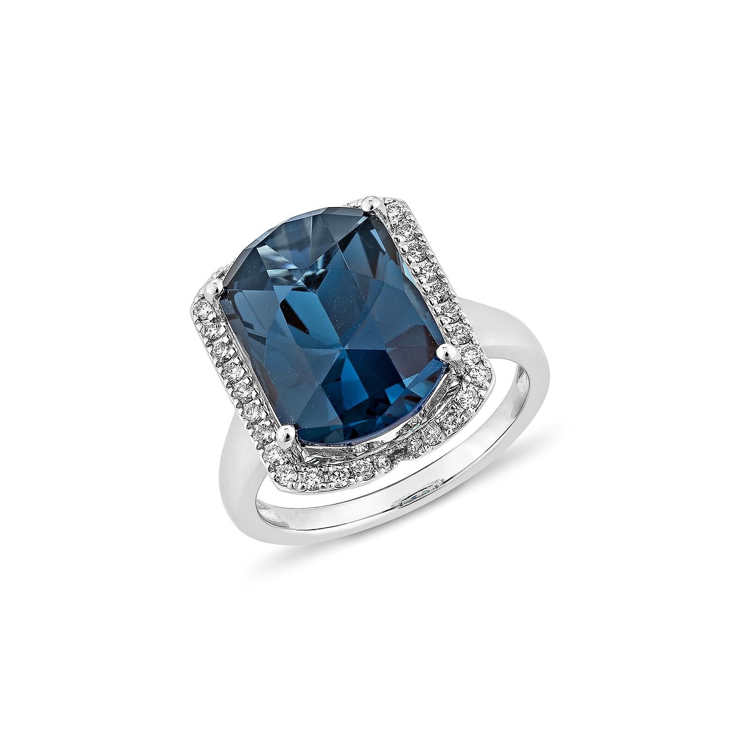 Contemporary 8.04 Carat London Blue Topaz Fancy Ring in 18Karat White Gold with Diamond. For Sale