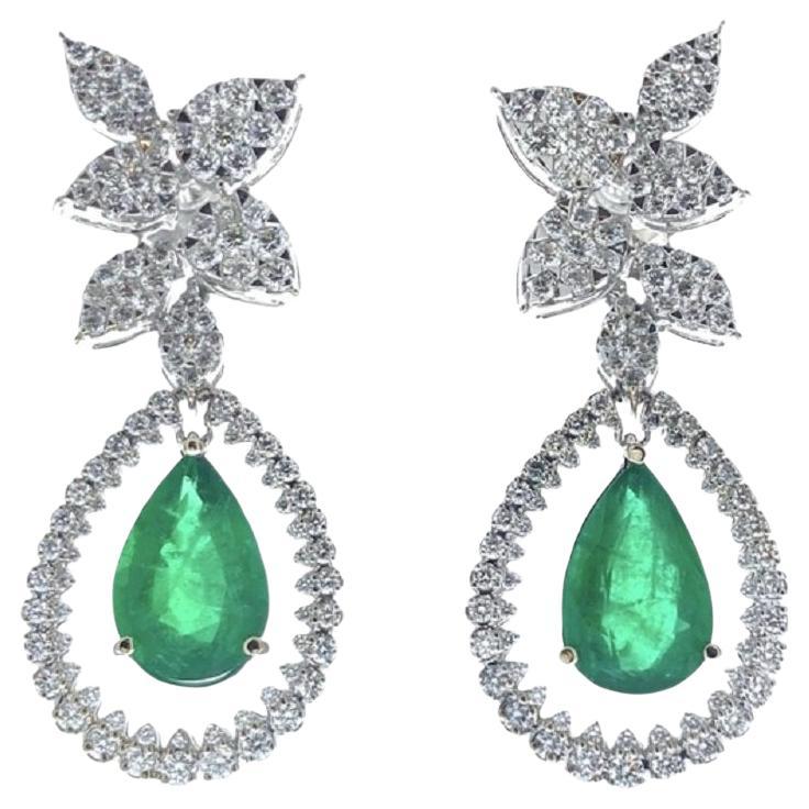 8.04 Carat Pear Shape Green Emerald Fashion Earrings In 18k White Gold For Sale