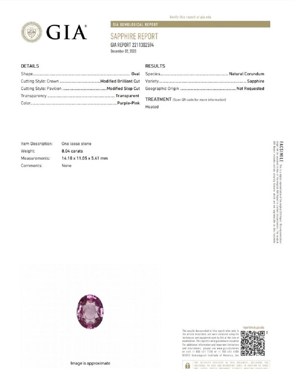 8.04 Carat Pink Sapphire Diamond Platinum Ring, GIA Certified For Sale 2