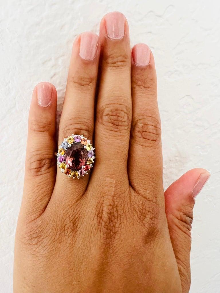 8.04 Carat Tourmaline Sapphire Diamond White Gold Cocktail Ring In New Condition For Sale In Los Angeles, CA
