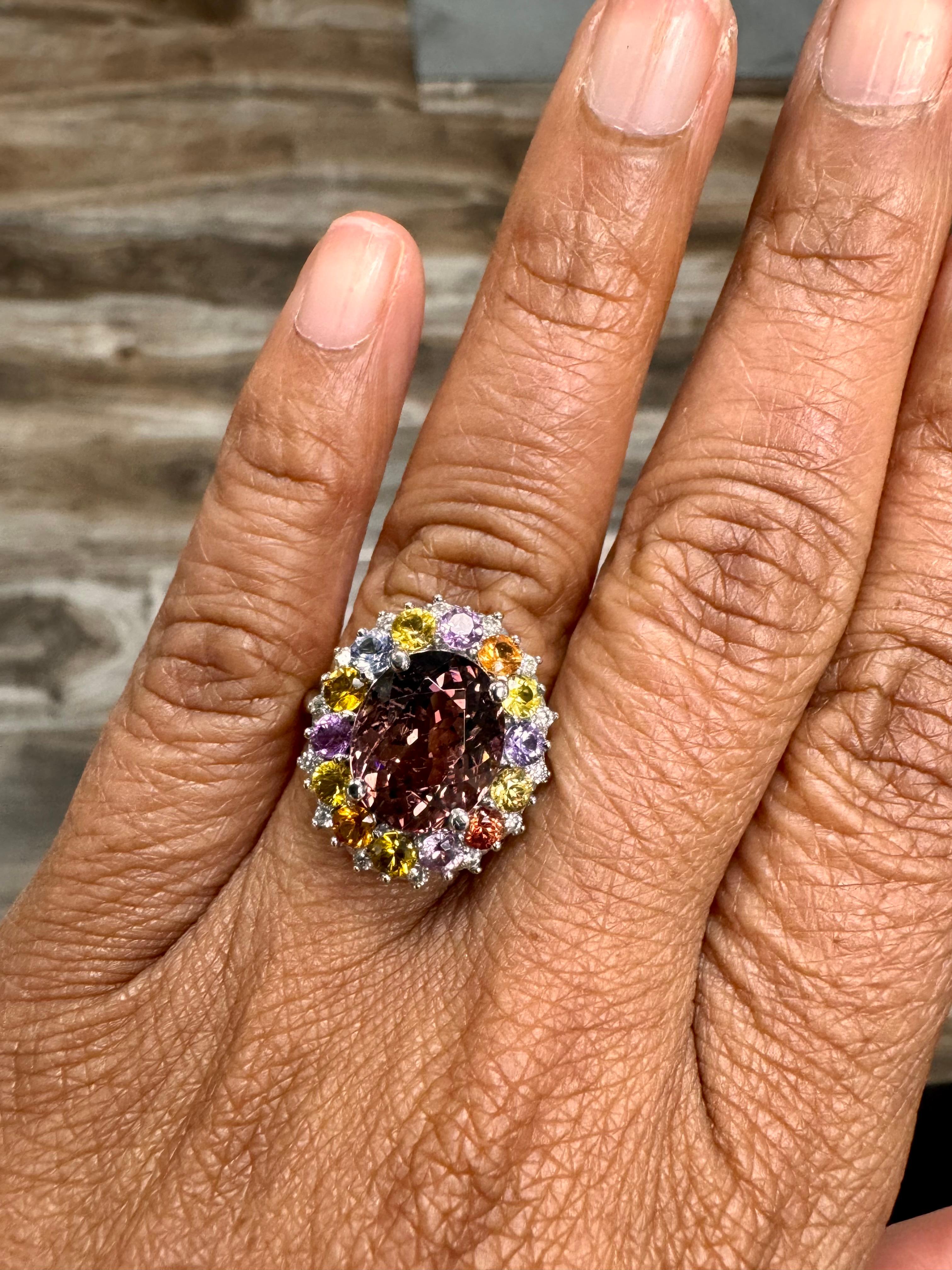 8.04 Carat Tourmaline Sapphire Diamond White Gold Cocktail Ring For Sale 2