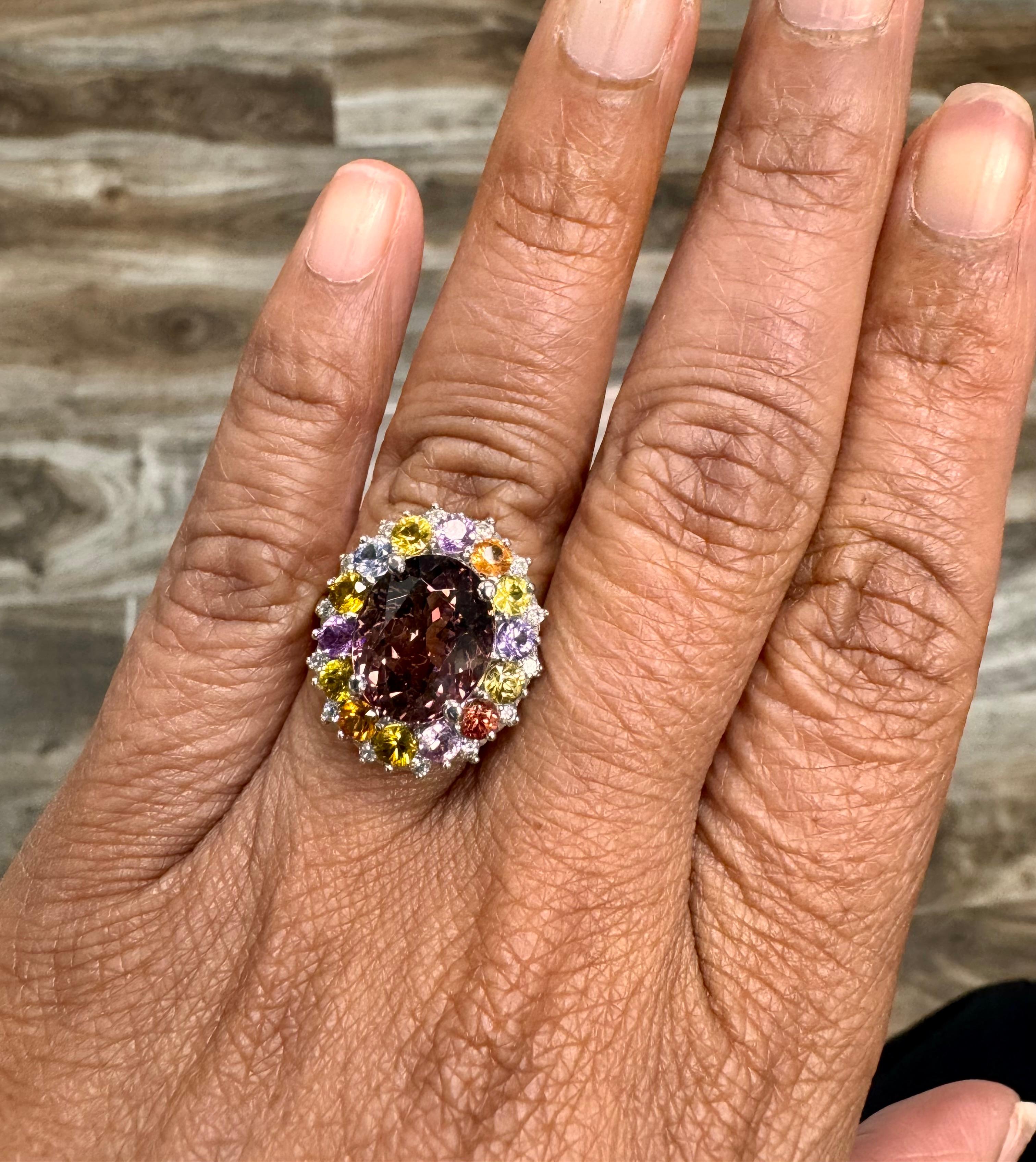 8.04 Carat Tourmaline Sapphire Diamond White Gold Cocktail Ring For Sale 3