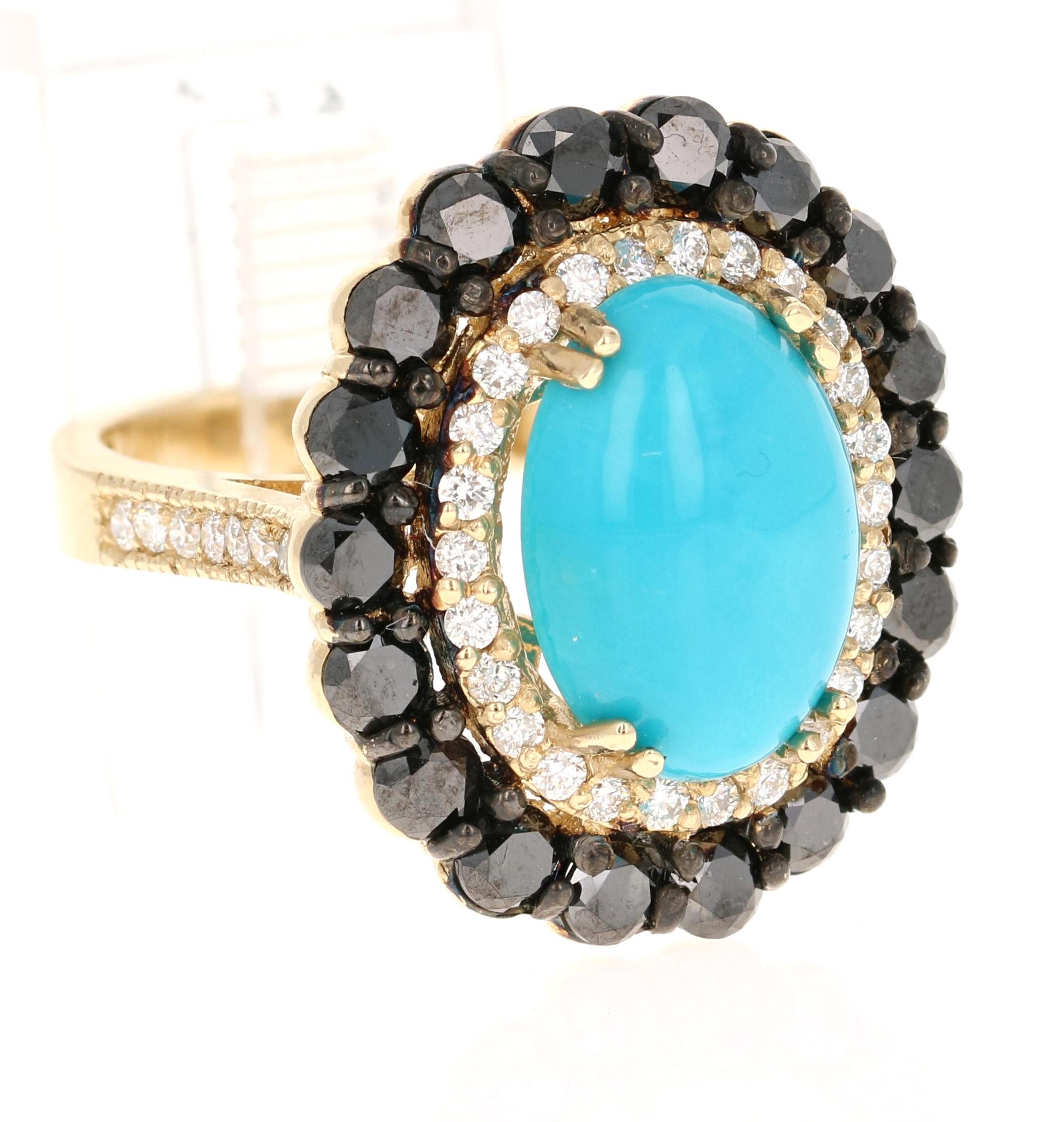 8.04 Carat Turquoise Black Diamond Yellow Gold Cocktail Ring

This ring has a 4.90 Carat Oval Cut Turquoise and is surrounded by 18 Round Cut Black Diamonds that weigh 2.57 Carats.  The Black Diamonds are natural diamonds that are color treated to