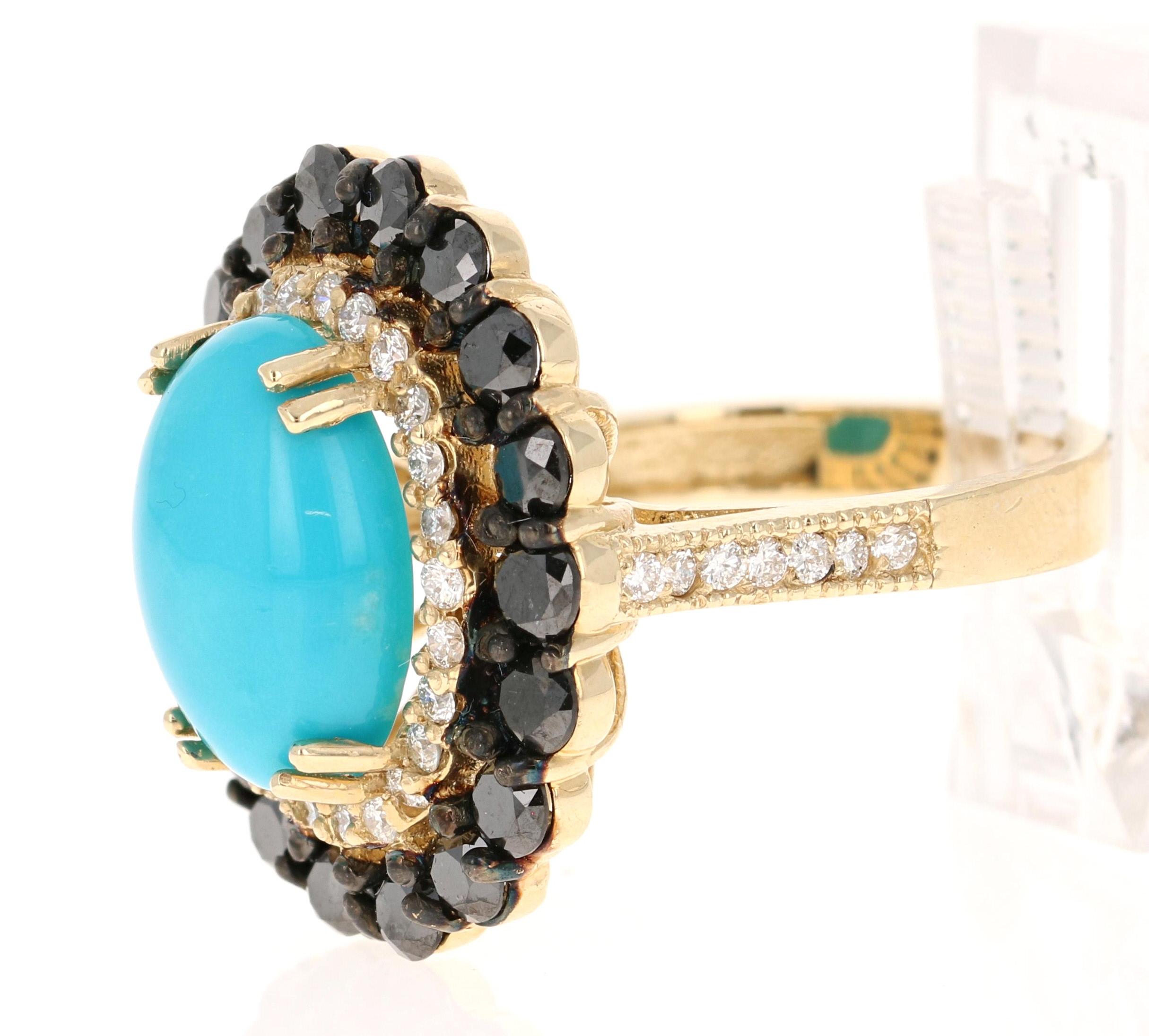 Contemporary 8.04 Carat Turquoise Black Diamond Yellow Gold Cocktail Ring For Sale
