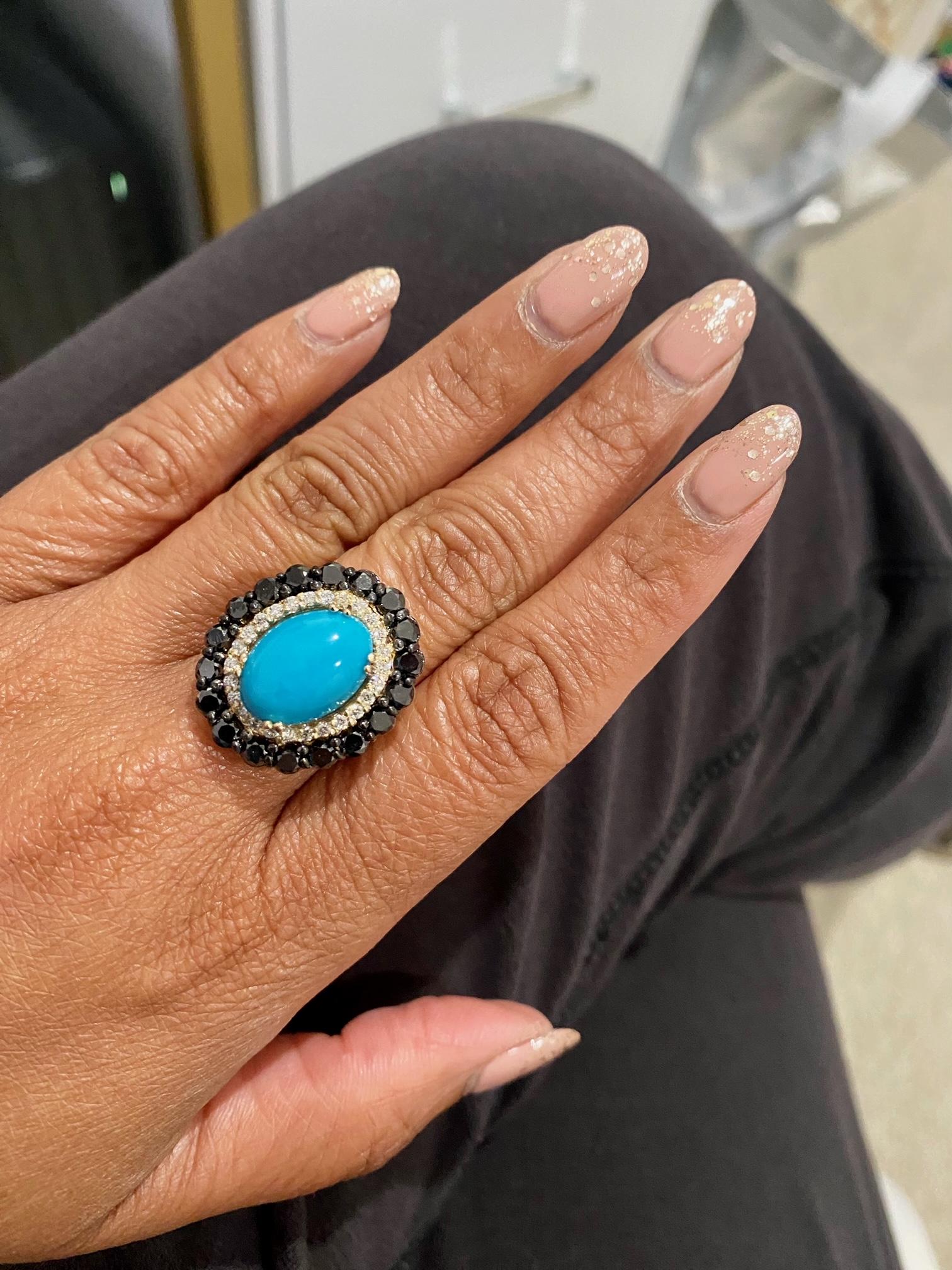 8.04 Carat Turquoise Black Diamond Yellow Gold Cocktail Ring In New Condition For Sale In Los Angeles, CA