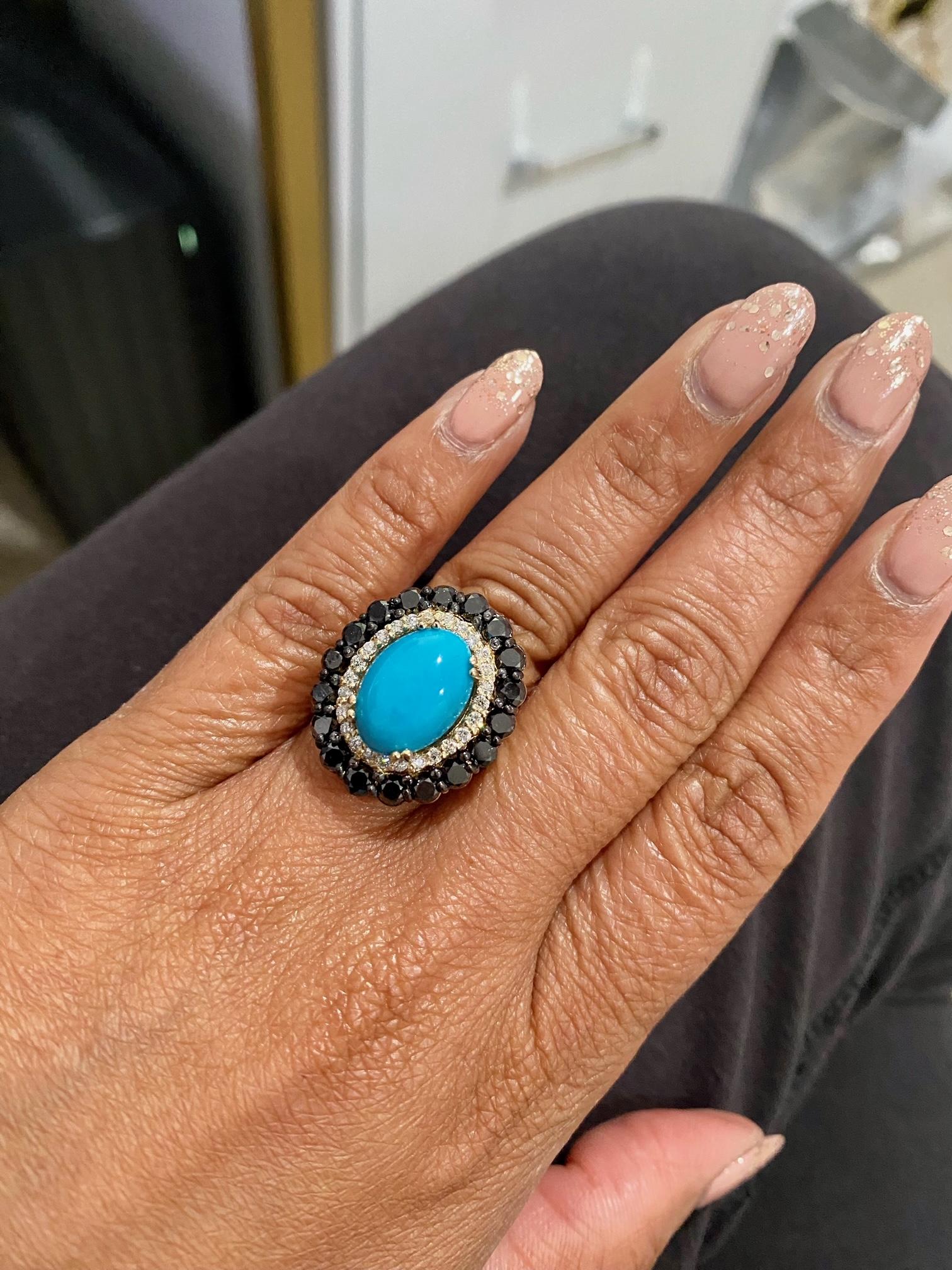 Women's 8.04 Carat Turquoise Black Diamond Yellow Gold Cocktail Ring For Sale