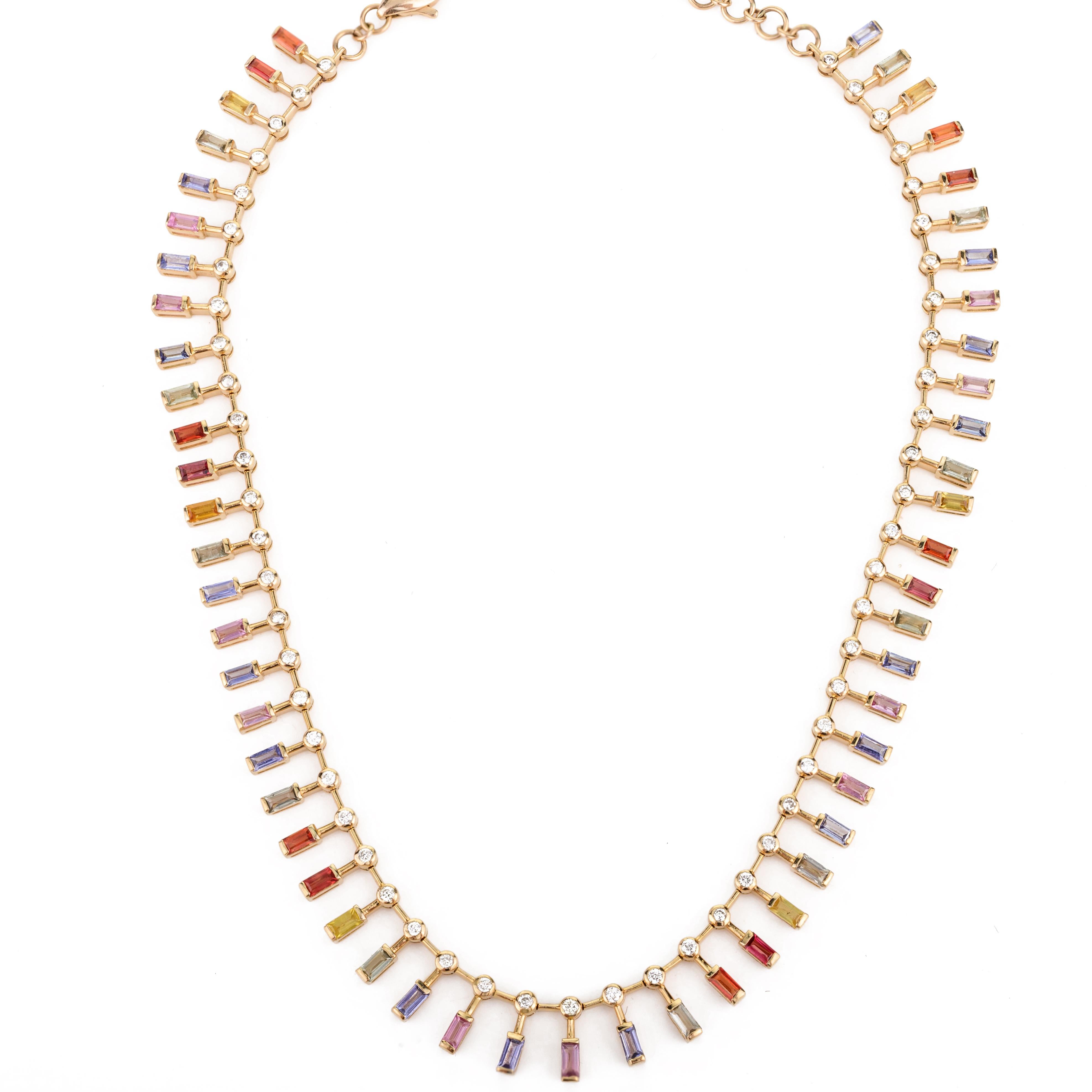 Modern 8.04 CTW Multi Sapphire and Diamond Wedding Necklace in 14K Solid Yellow Gold For Sale