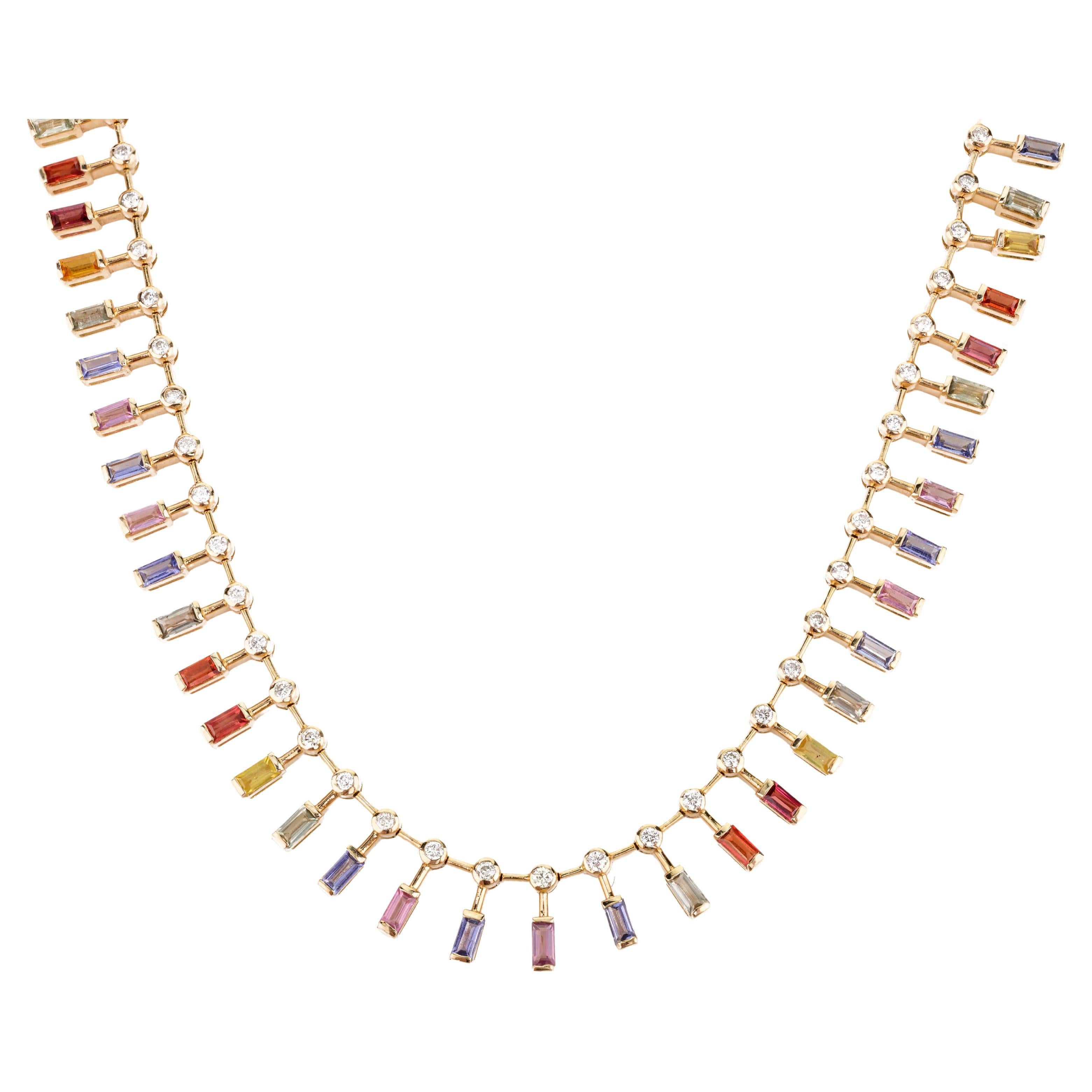 8.04 CTW Multi Sapphire and Diamond Wedding Necklace in 14K Solid Yellow Gold
