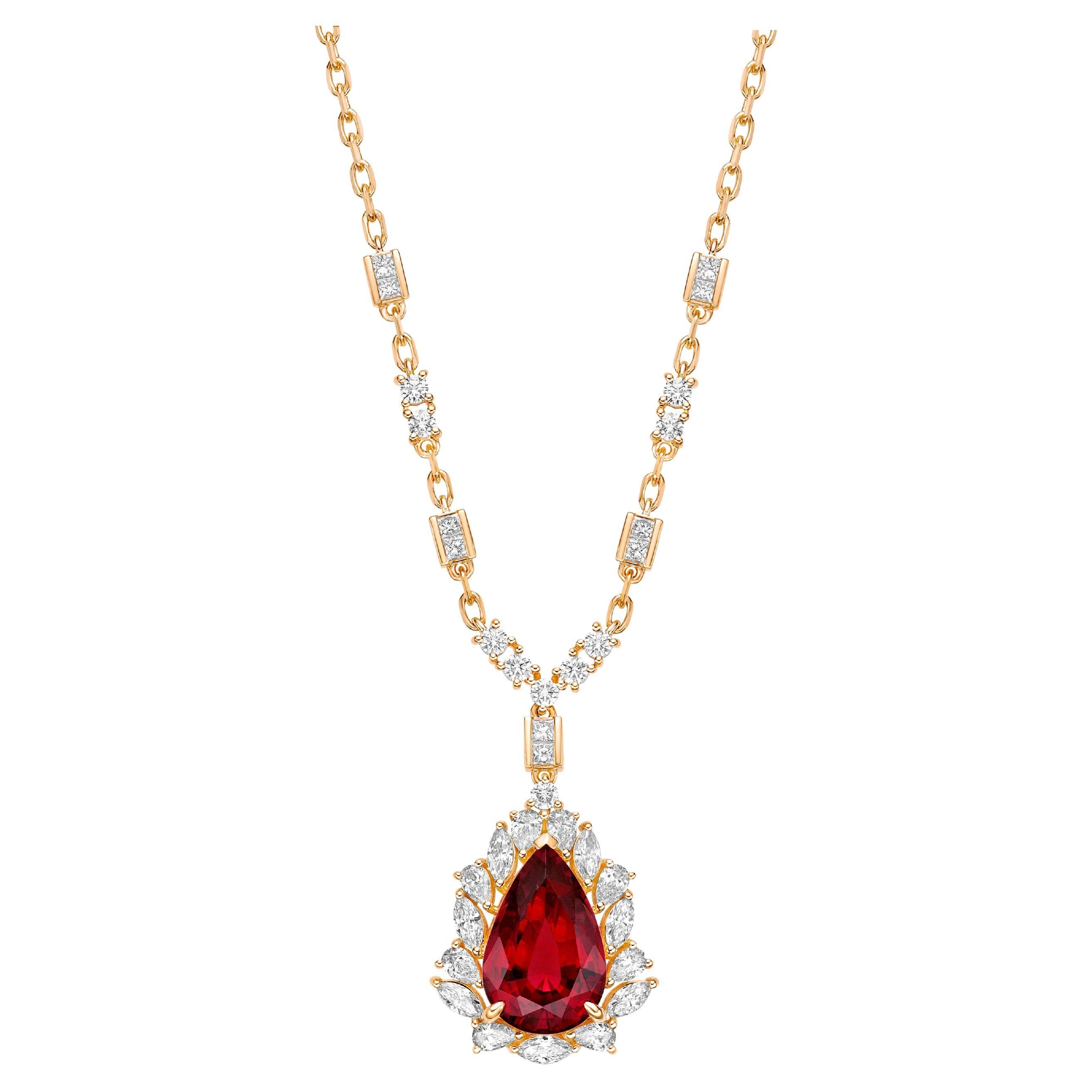 8.047 Carat Rubellite Necklace in 18Karat Yellow Gold with White Diamond. For Sale