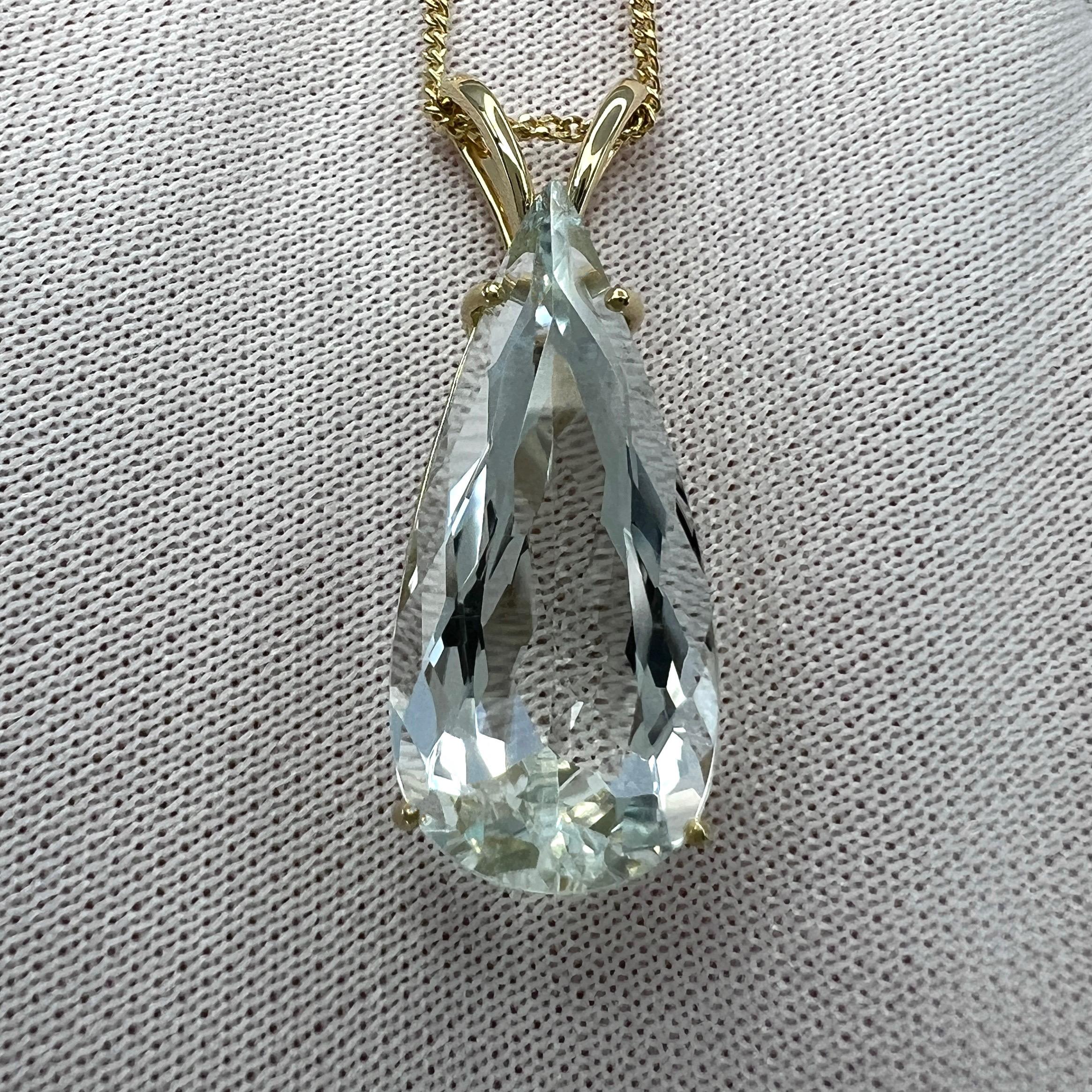 Natural Light Blue Pear Teardrop Aquamarine Pendant Necklace.

8.04 Carat aquamarine with a stunning light blue colour set in a fine 18k yellow gold solitaire pendant.

The aquamarine has an excellent pear teardrop cut showing lots of brightness and