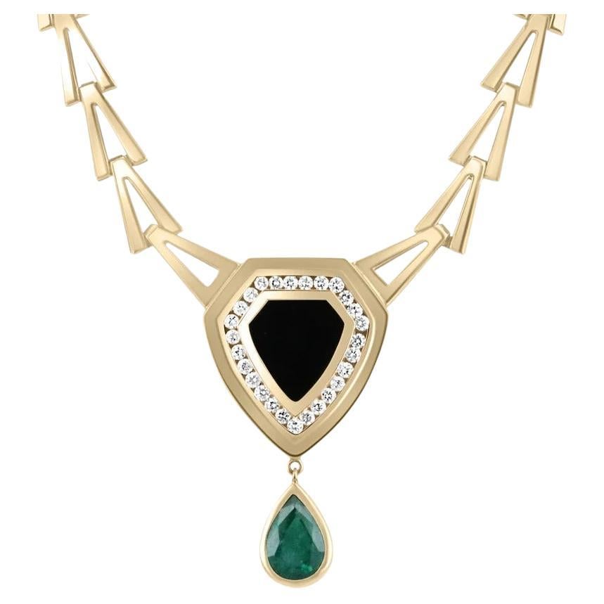 8,04tcw 14K natürlicher dunkelgrüner Smaragd, Diamant und Onyx Massivgold-Halskette
