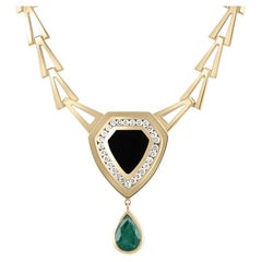 8.04tcw 14K Natural Dark Green Emerald, Diamond, & Onyx Solid Gold Necklace