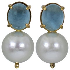 8.05 Carat Aquamarine and Freshwater Pearl 14 Karat Gold Drop Stud Earrings