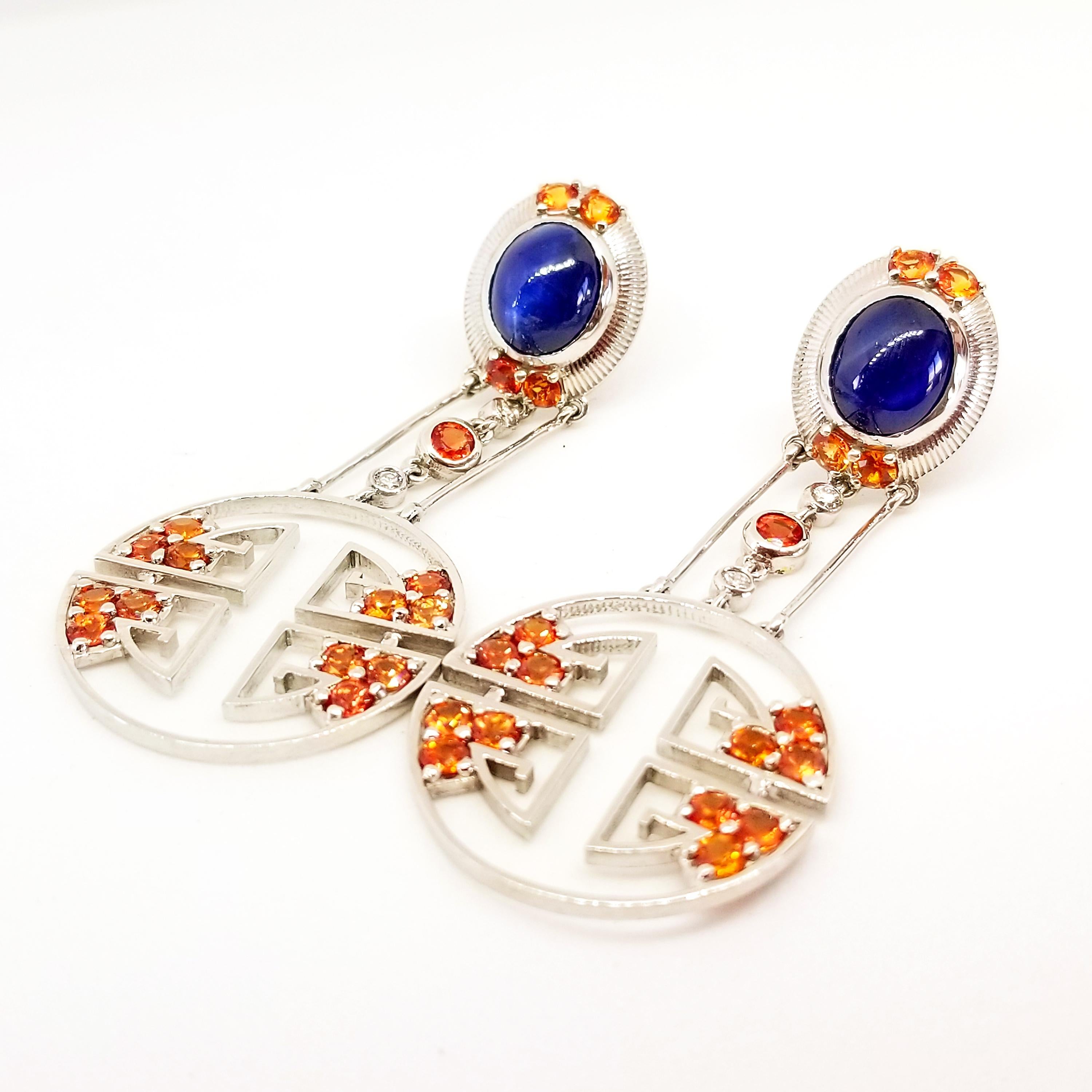 Contemporary 8.05 Carat Blue and Orange Sapphire Diamond Oriental Deco Style Drop Earrings