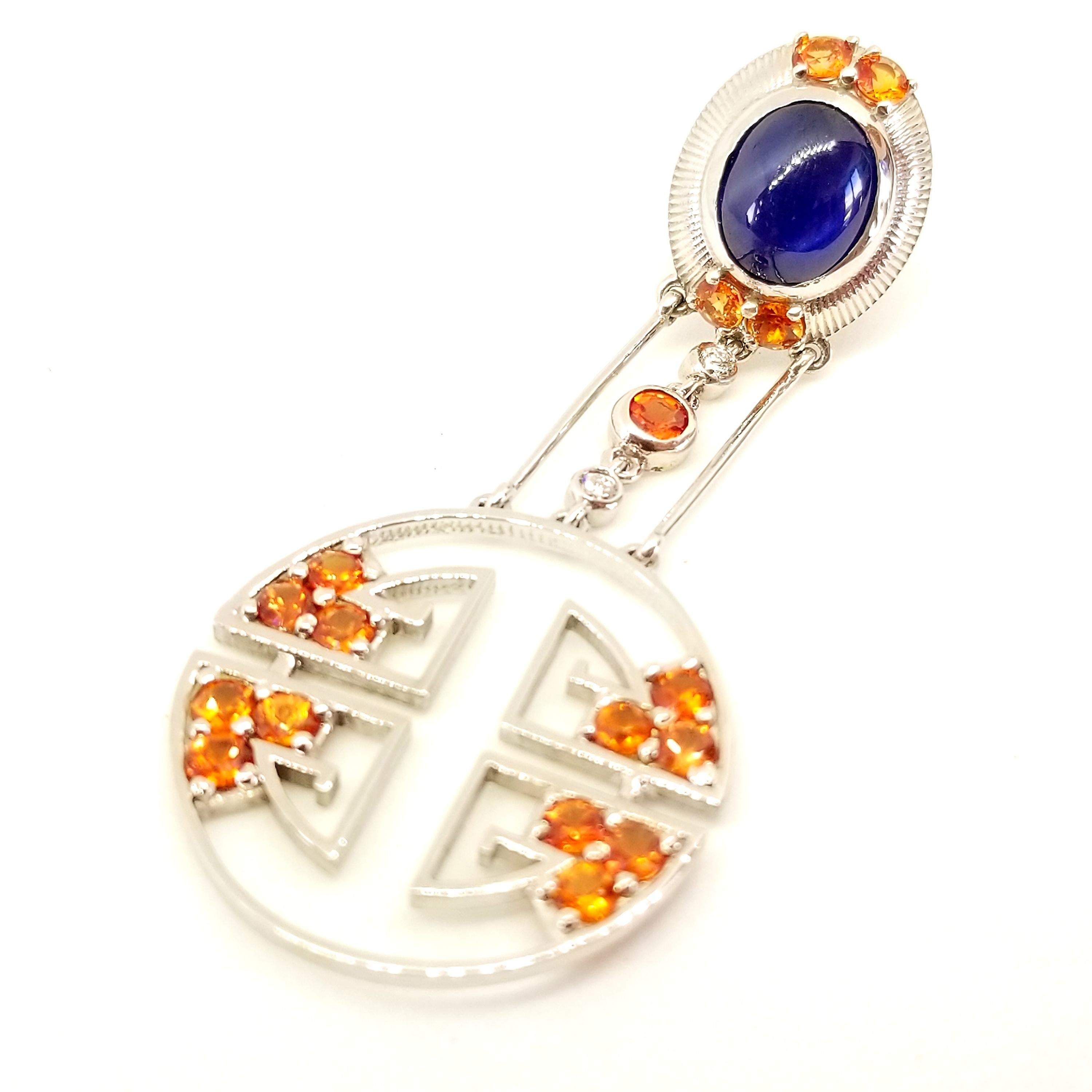 Oval Cut 8.05 Carat Blue and Orange Sapphire Diamond Oriental Deco Style Drop Earrings