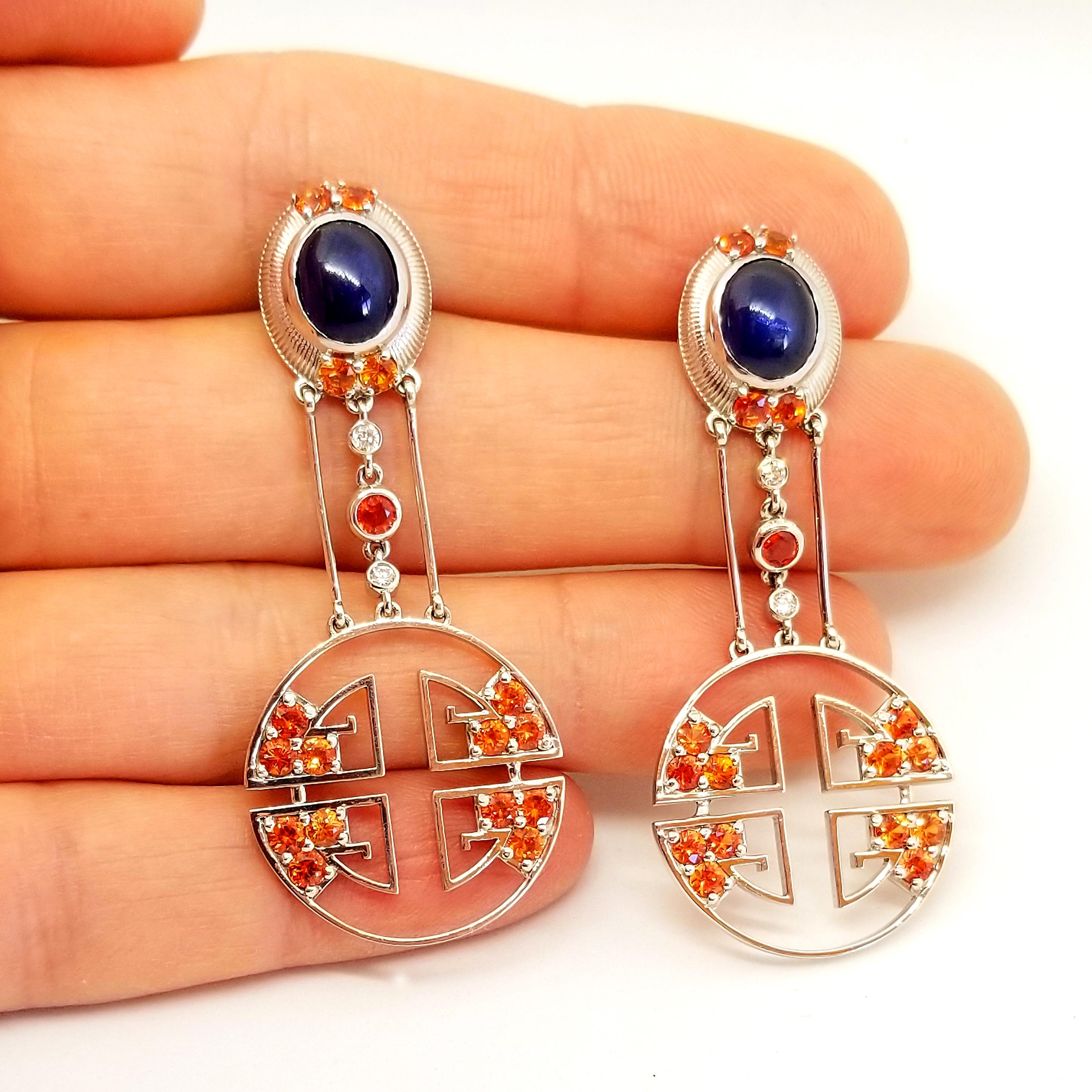 8.05 Carat Blue and Orange Sapphire Diamond Oriental Deco Style Drop Earrings In New Condition In Lambertville , NJ