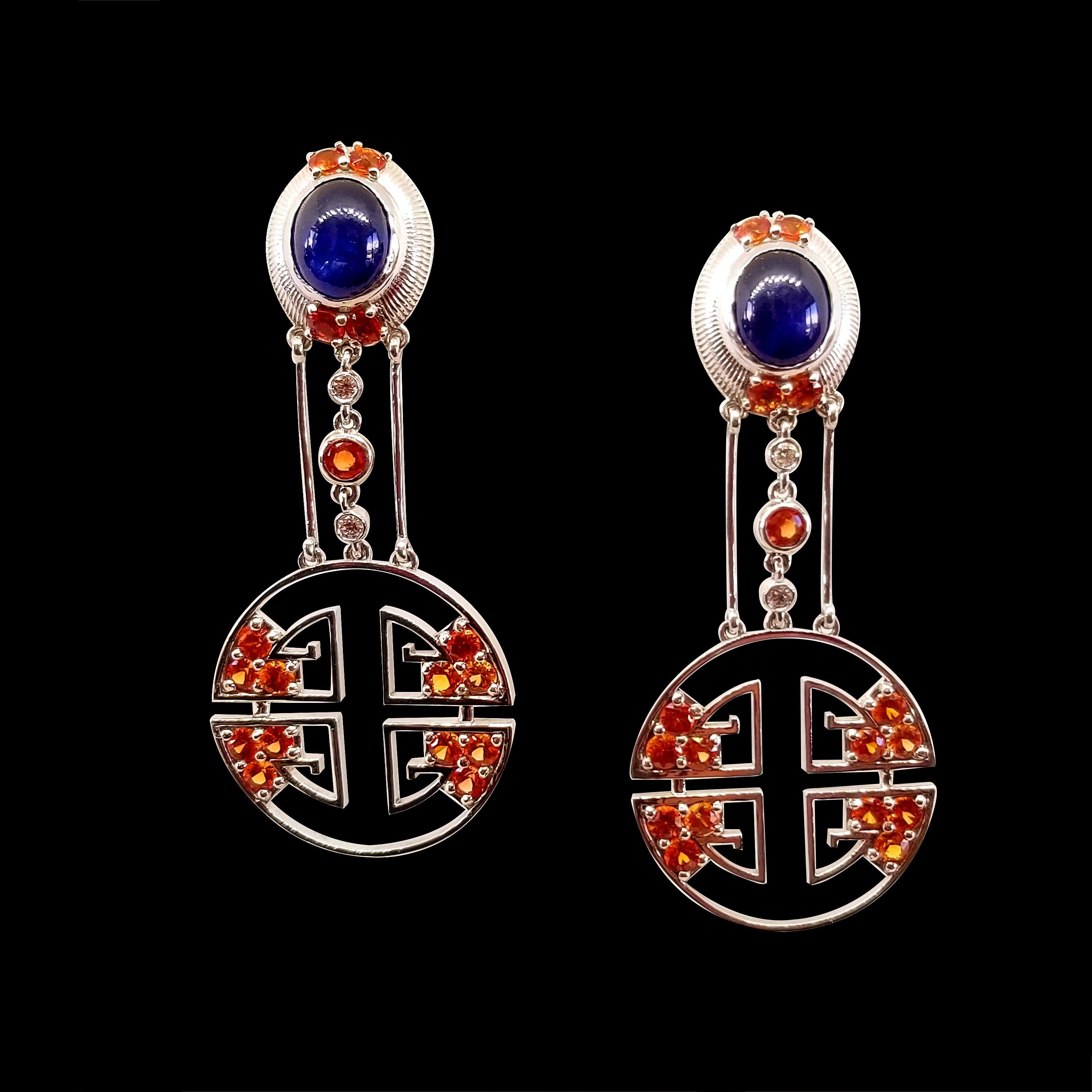 Women's 8.05 Carat Blue and Orange Sapphire Diamond Oriental Deco Style Drop Earrings