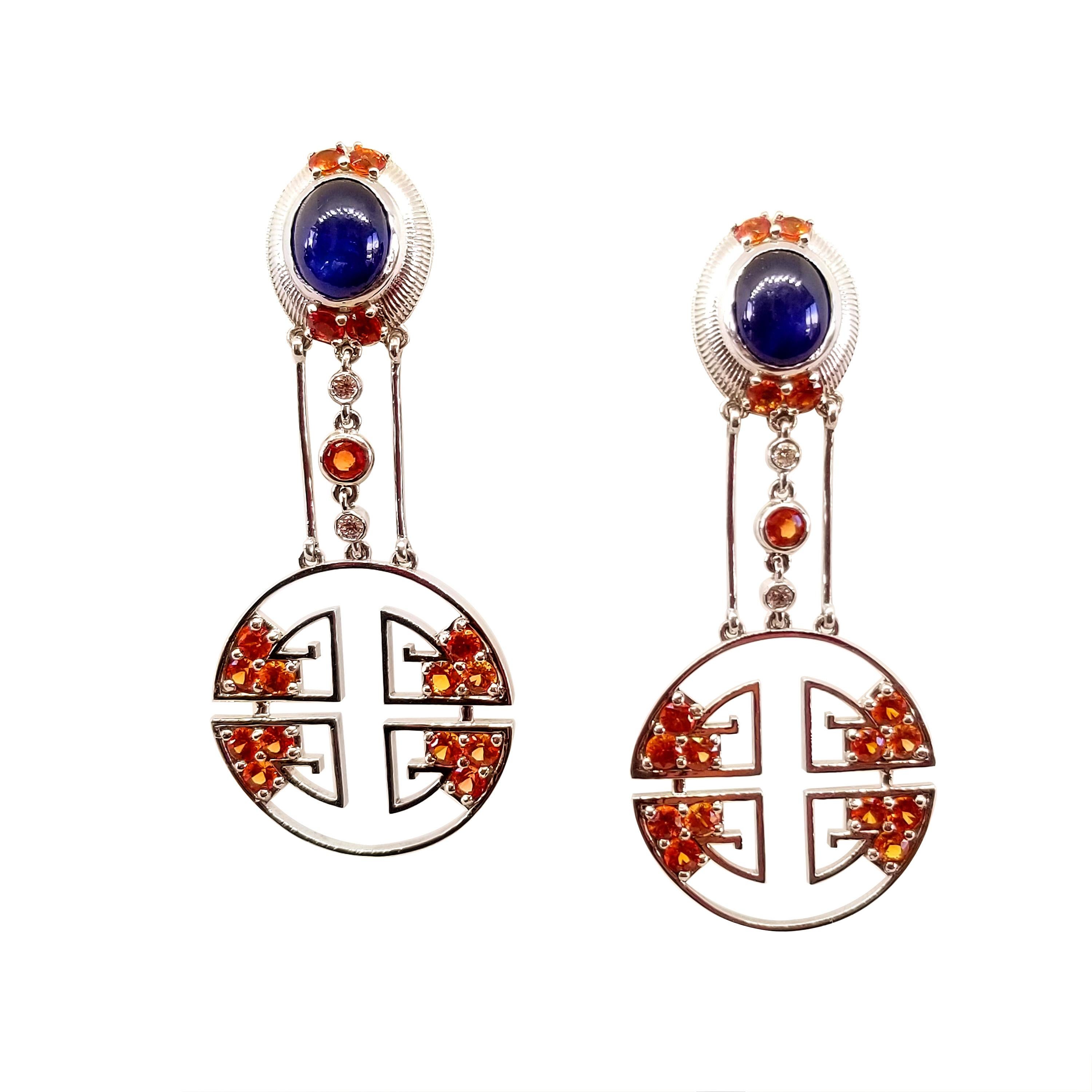 8.05 Carat Blue and Orange Sapphire Diamond Oriental Deco Style Drop Earrings 1