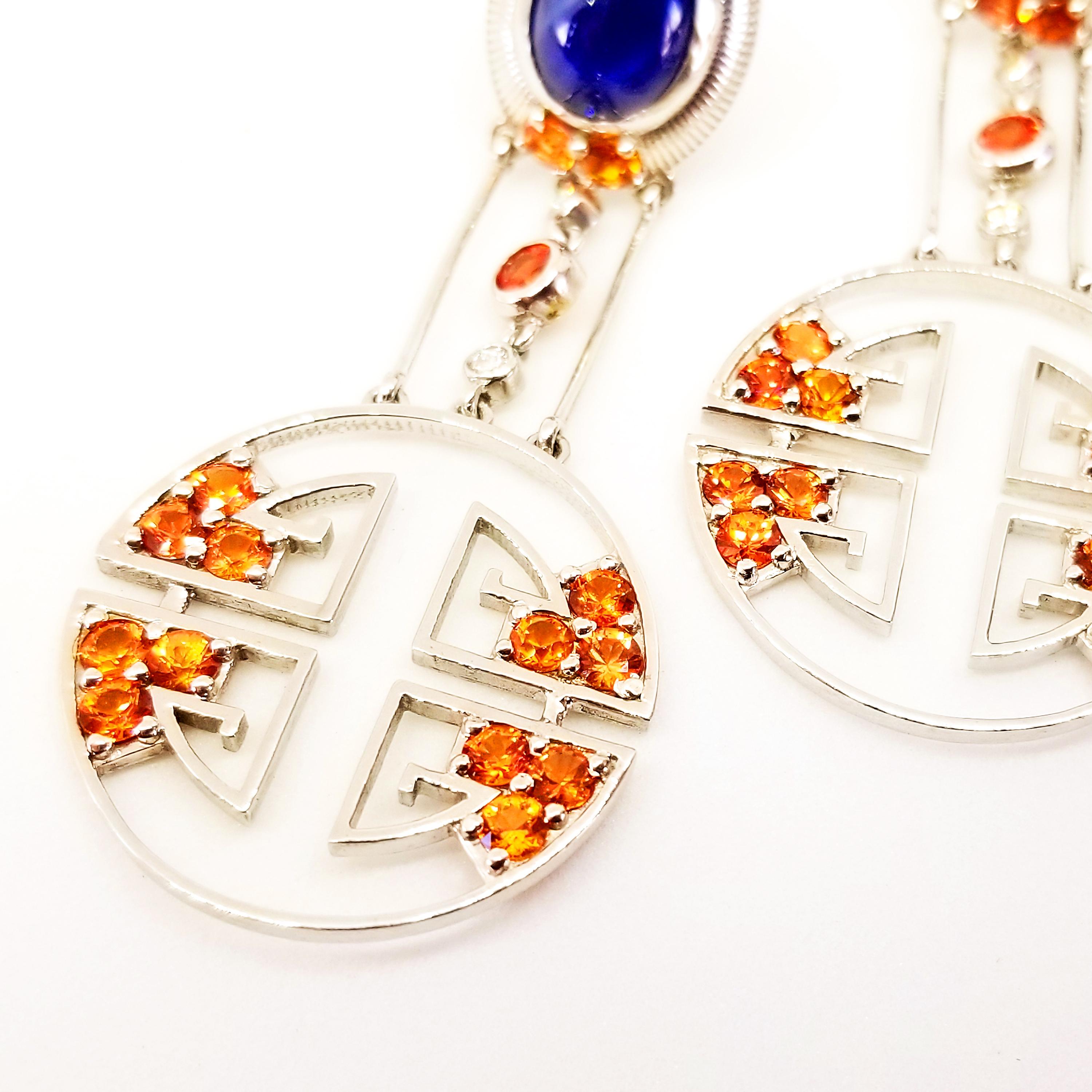 8.05 Carat Blue and Orange Sapphire Diamond Oriental Deco Style Drop Earrings 3