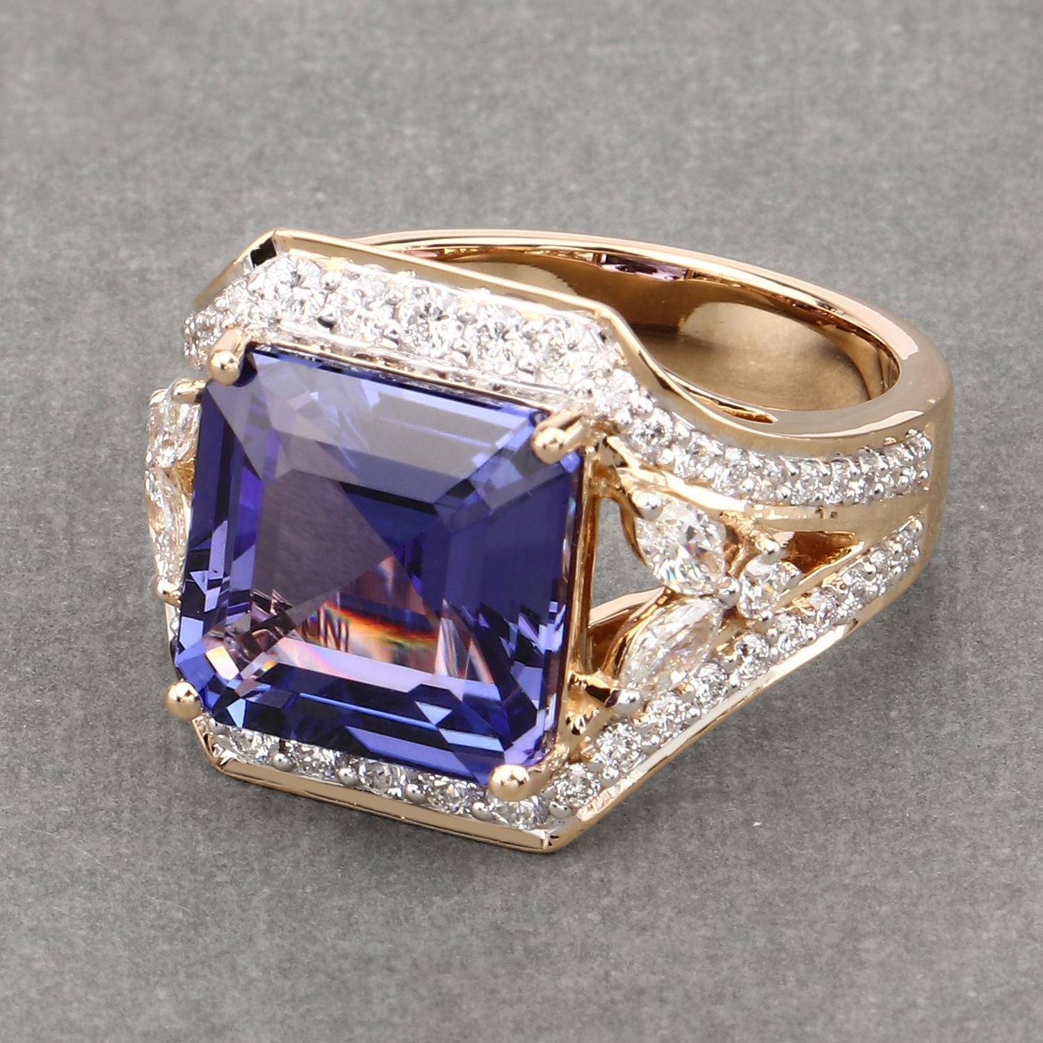 Emerald Cut 8.05 Carat Genuine Tanzanite and White Diamond 18 Karat Yellow Gold Ring For Sale