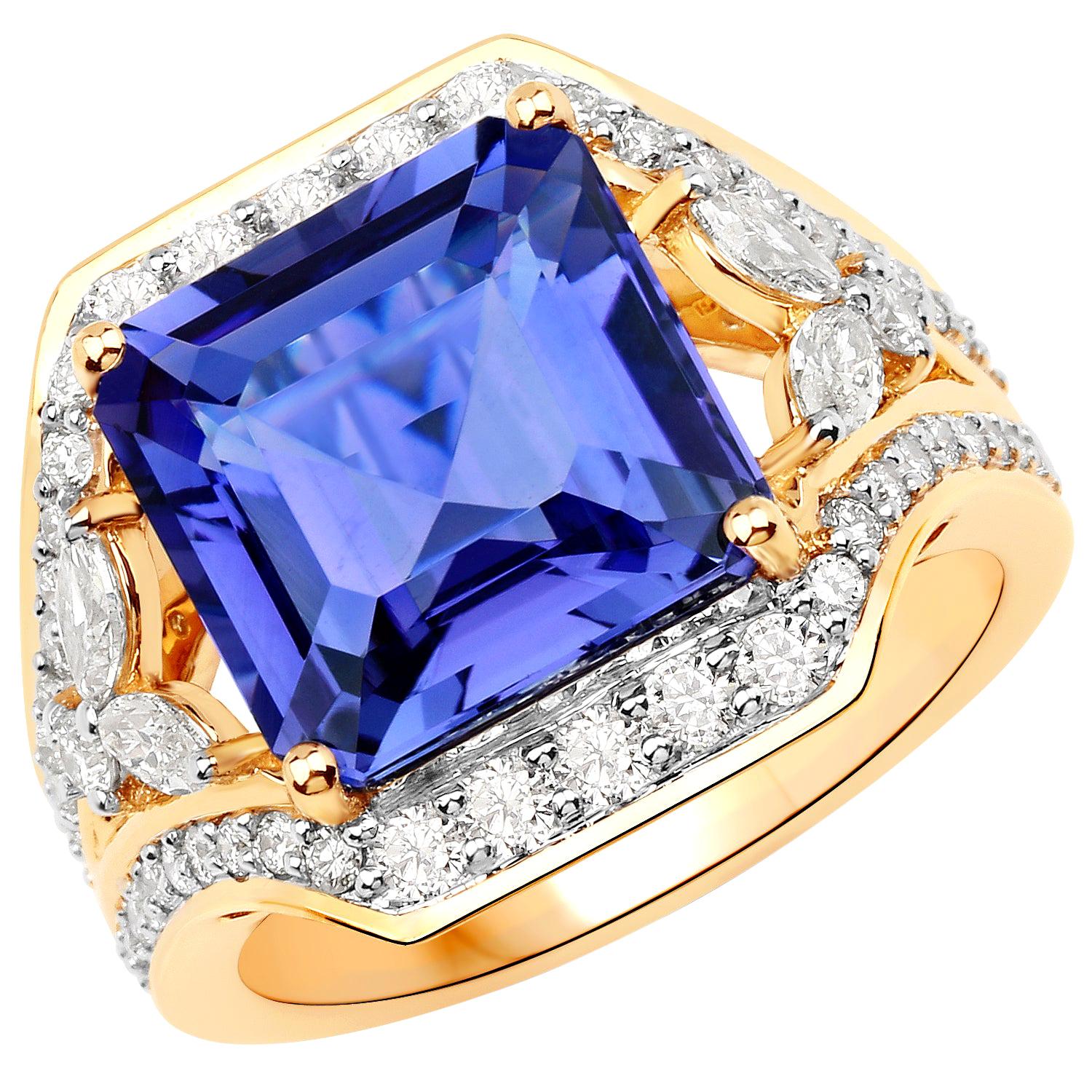 8.05 Carat Genuine Tanzanite and White Diamond 18 Karat Yellow Gold Ring For Sale