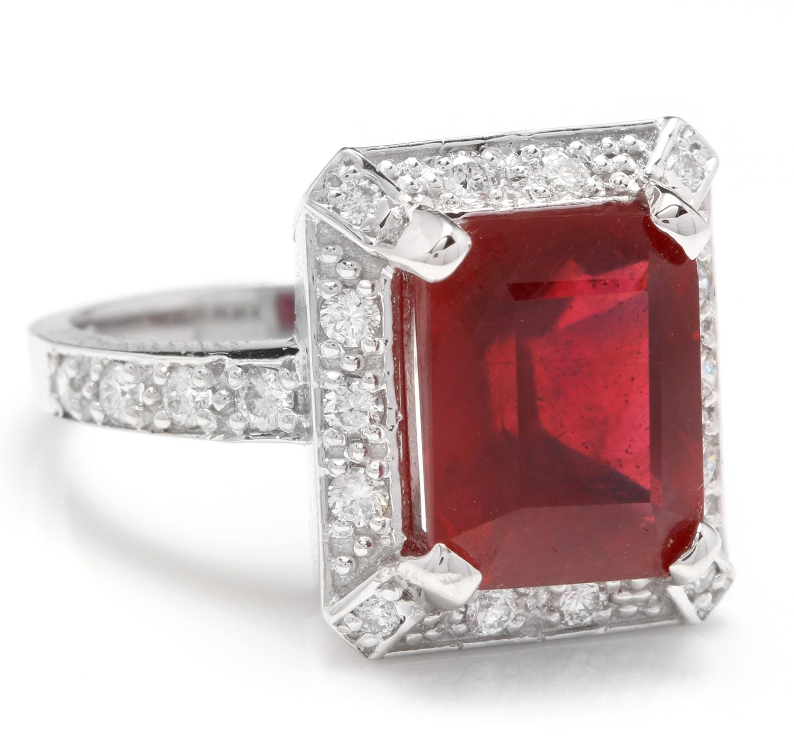 8.05 Carats Impressive Natural Red Ruby and Diamond 14K White Gold Ring

Total Red Ruby Weight is Approx. 7.50 Carats

Ruby Measures: Approx. 11.00 x 9.00mm

Ruby Treatment: Lead Glass Filling

Natural Round Diamonds Weight: Approx. 0.55 Carats
