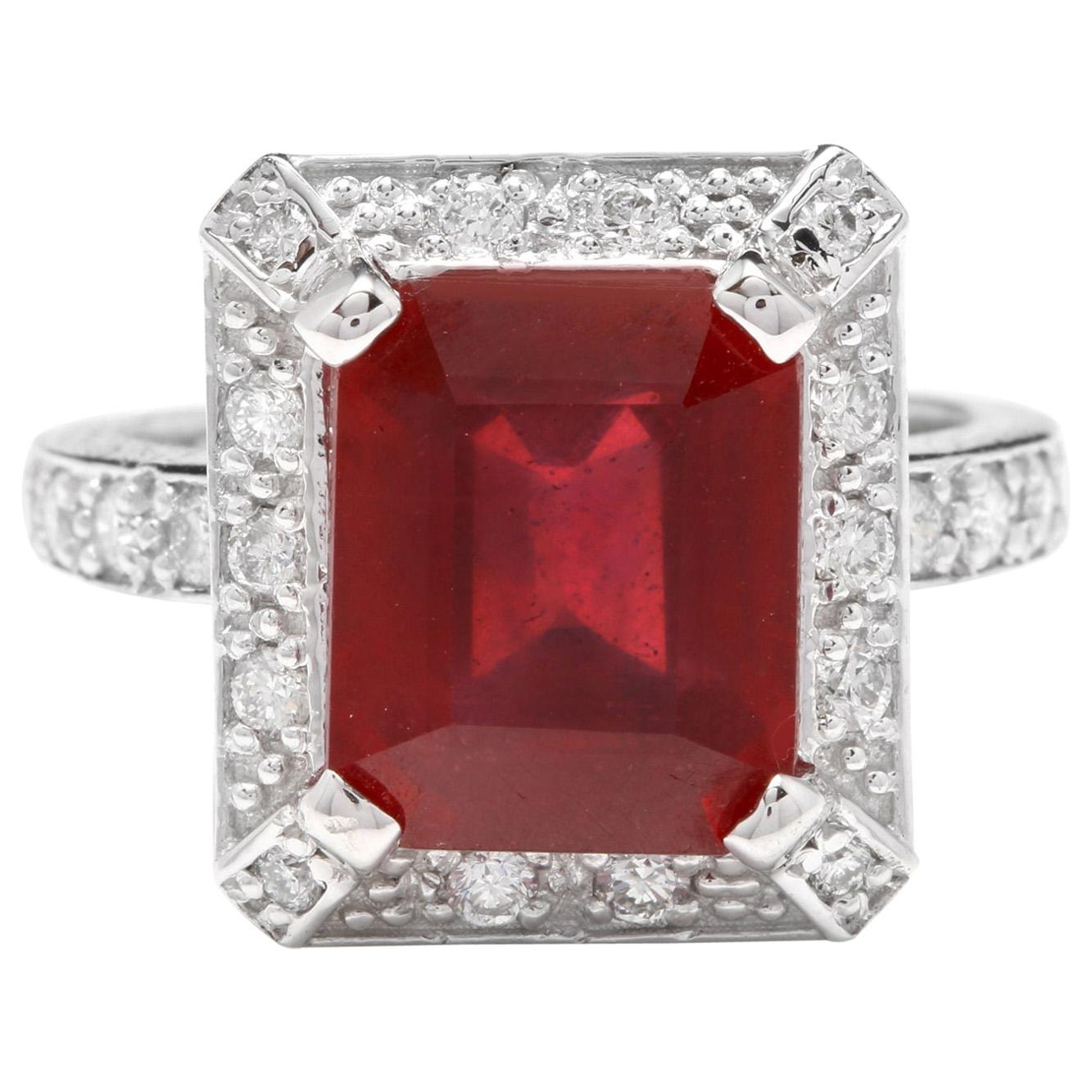 8.05 Carat Impressive Natural Red Ruby and Diamond 14 Karat White Gold Ring For Sale