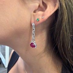 8.05 Carat Oval Cabochon Ruby & Diamond Halo in 18K White Gold Drop Earrings