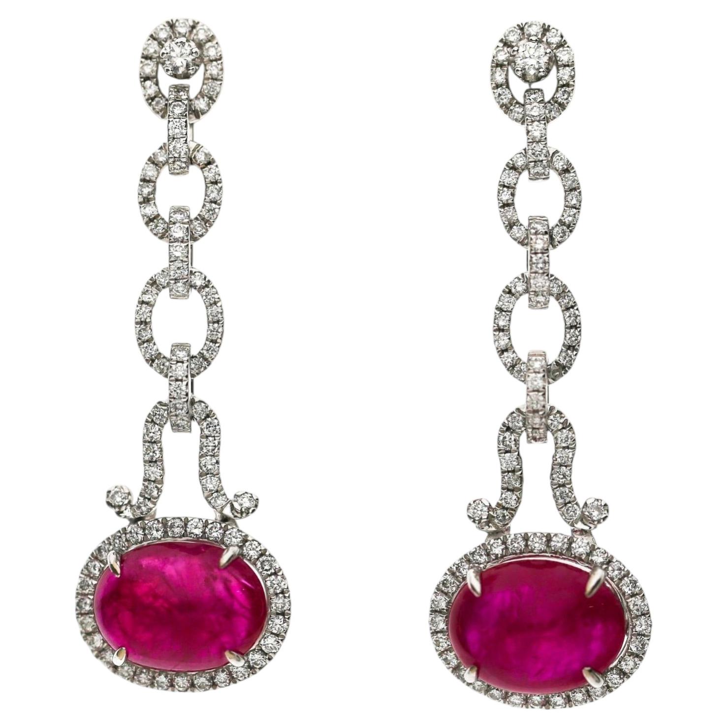 8.05 Carat Oval Cabochon Ruby & Diamond Halo in 18K White Gold Drop Earrings