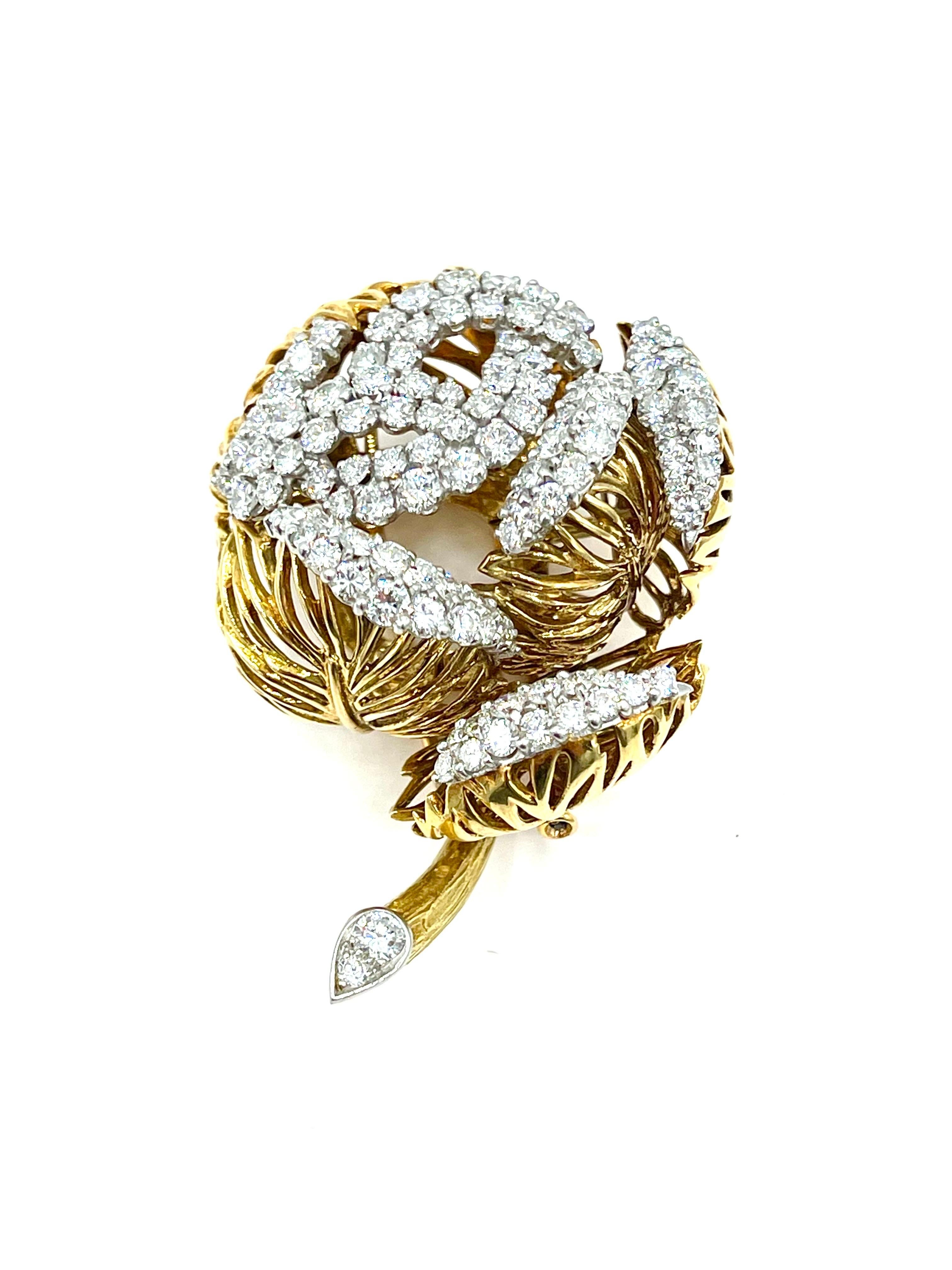 Retro 8.05 Carat Round Brilliant Diamond French Made Flower Brooch For Sale