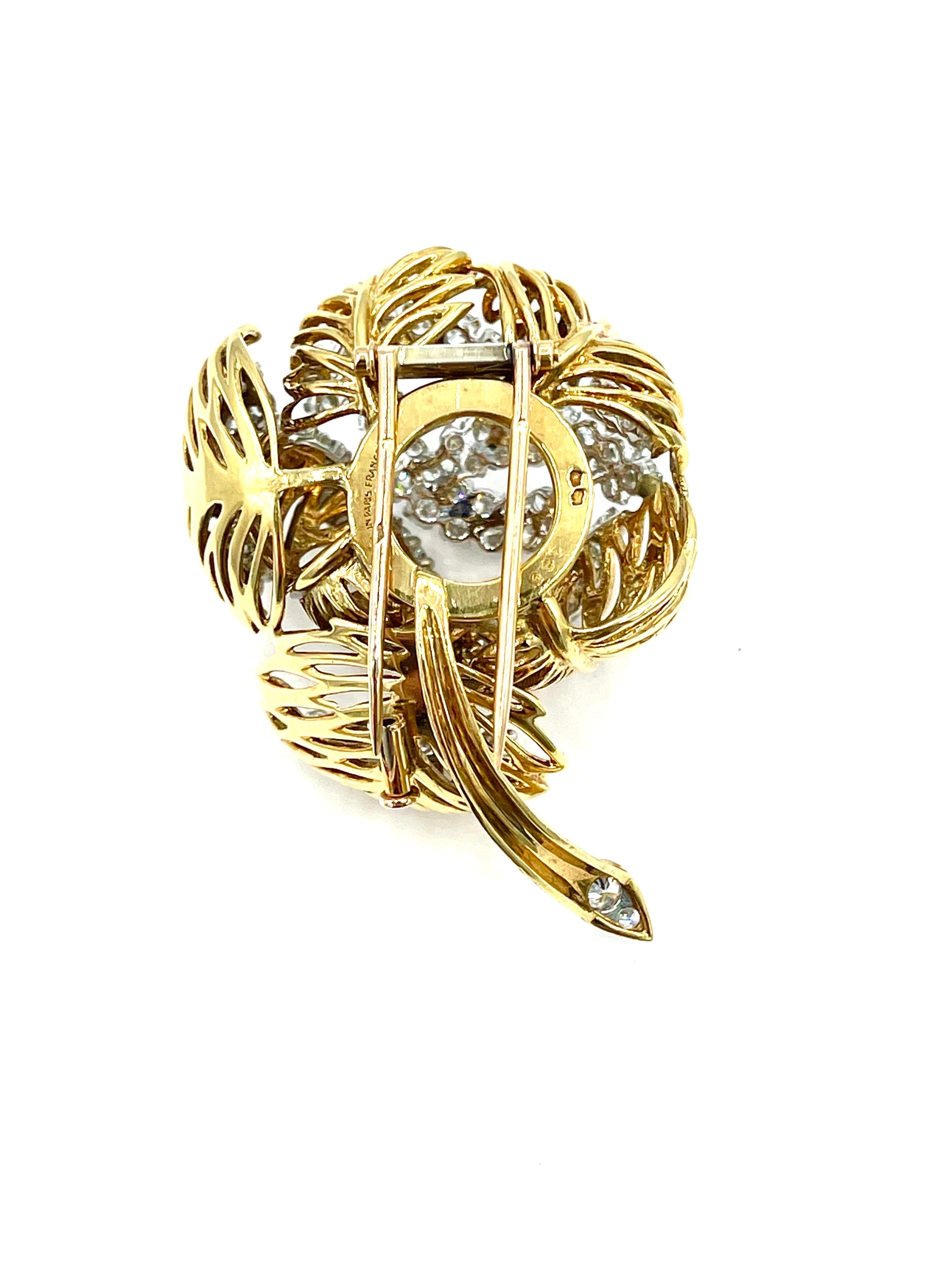 Round Cut 8.05 Carat Round Brilliant Diamond French Made Flower Brooch For Sale