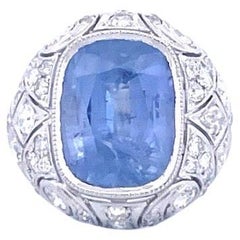 No-Heat 8.05ct cornflower blue Sapphire Art Deco Ring in 18K White Gold