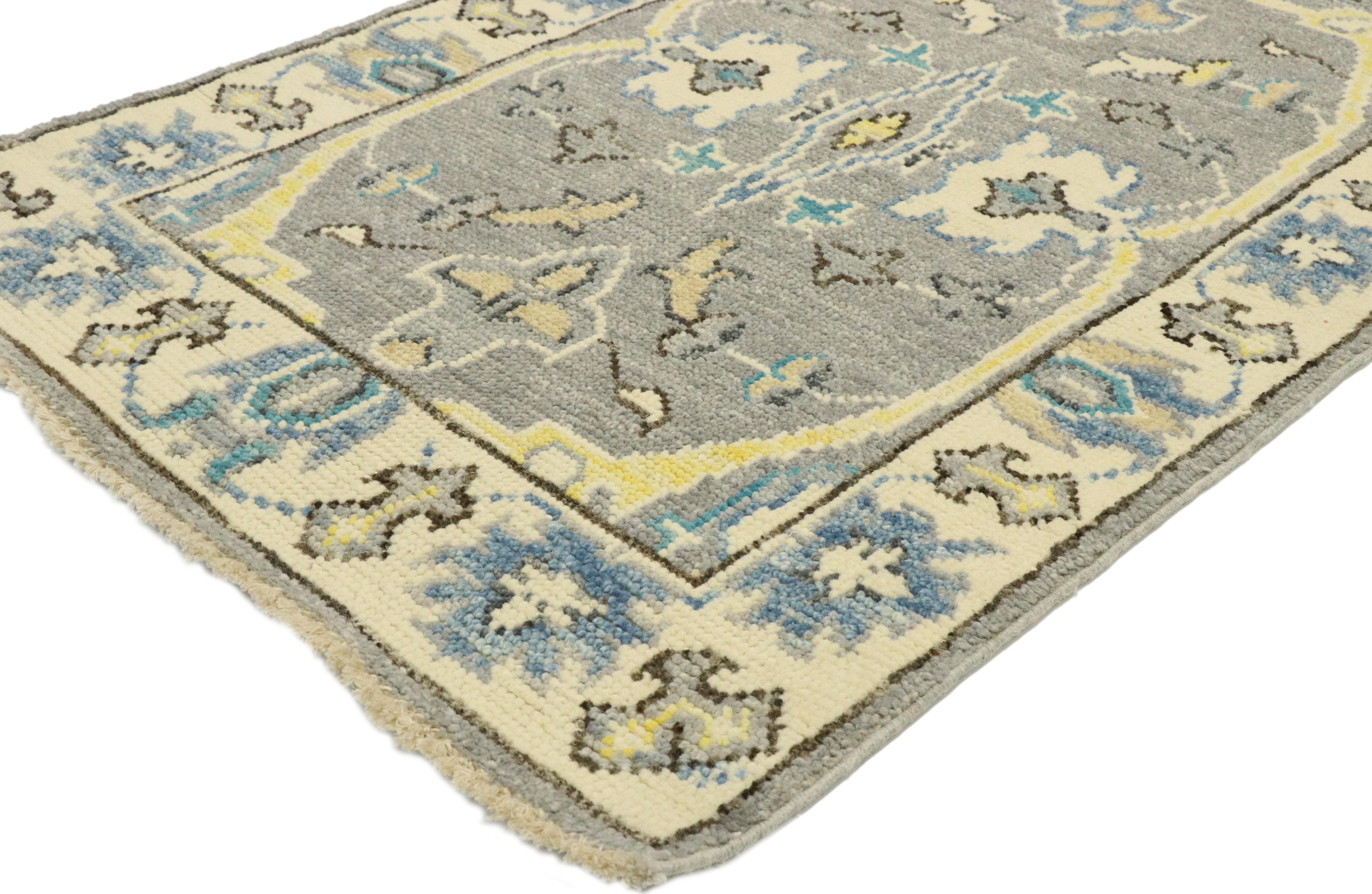 80591, new contemporary Oushak Runner with modern transitional style. Blending elements from the modern world with gracious gray hues, this hand knotted wool contemporary Oushak runner will boost the coziness factor in nearly any space. It features