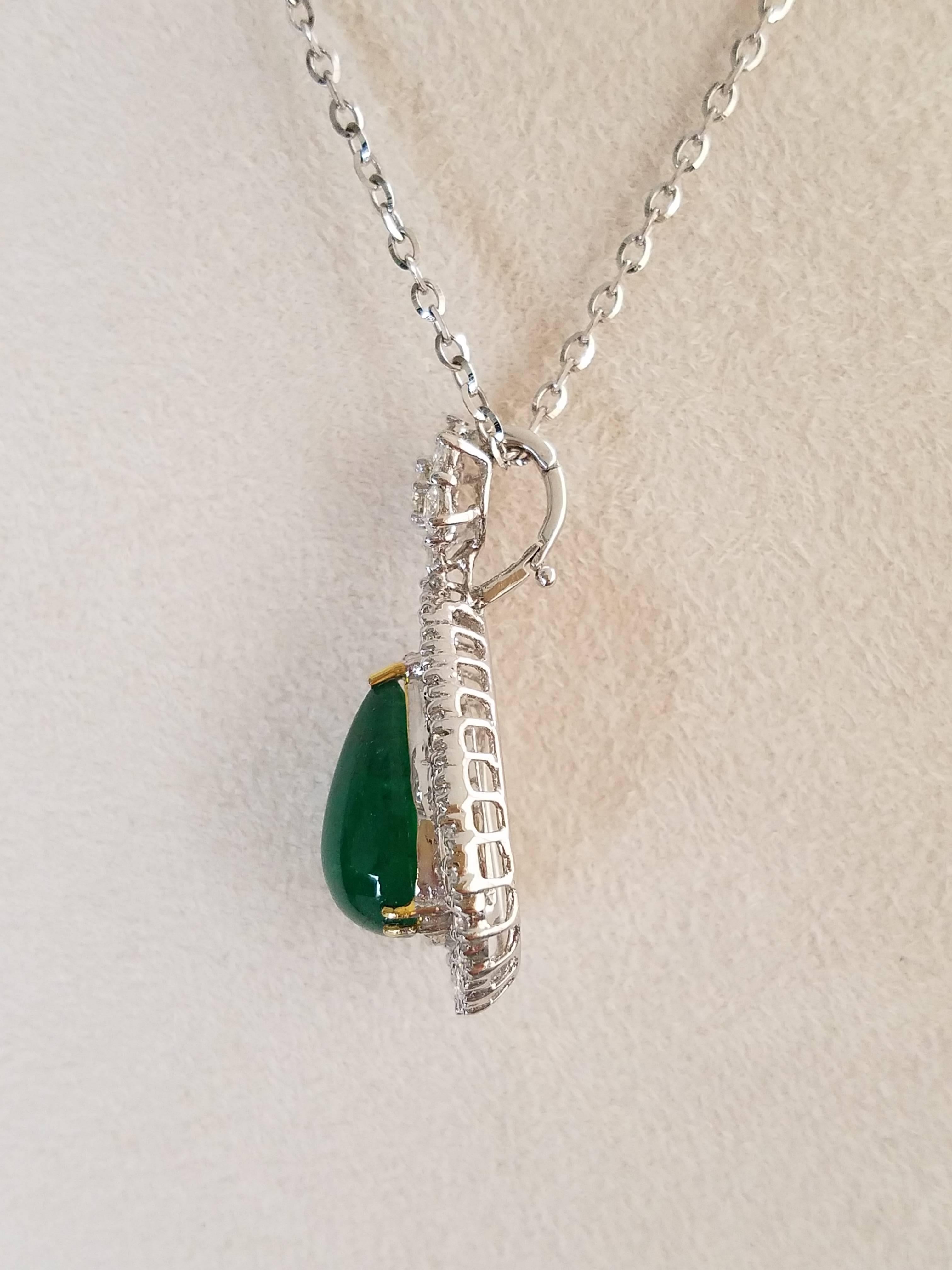 Art Deco 8.06 Carat Pear Shape Emerald Cabochon and Diamond Pendant