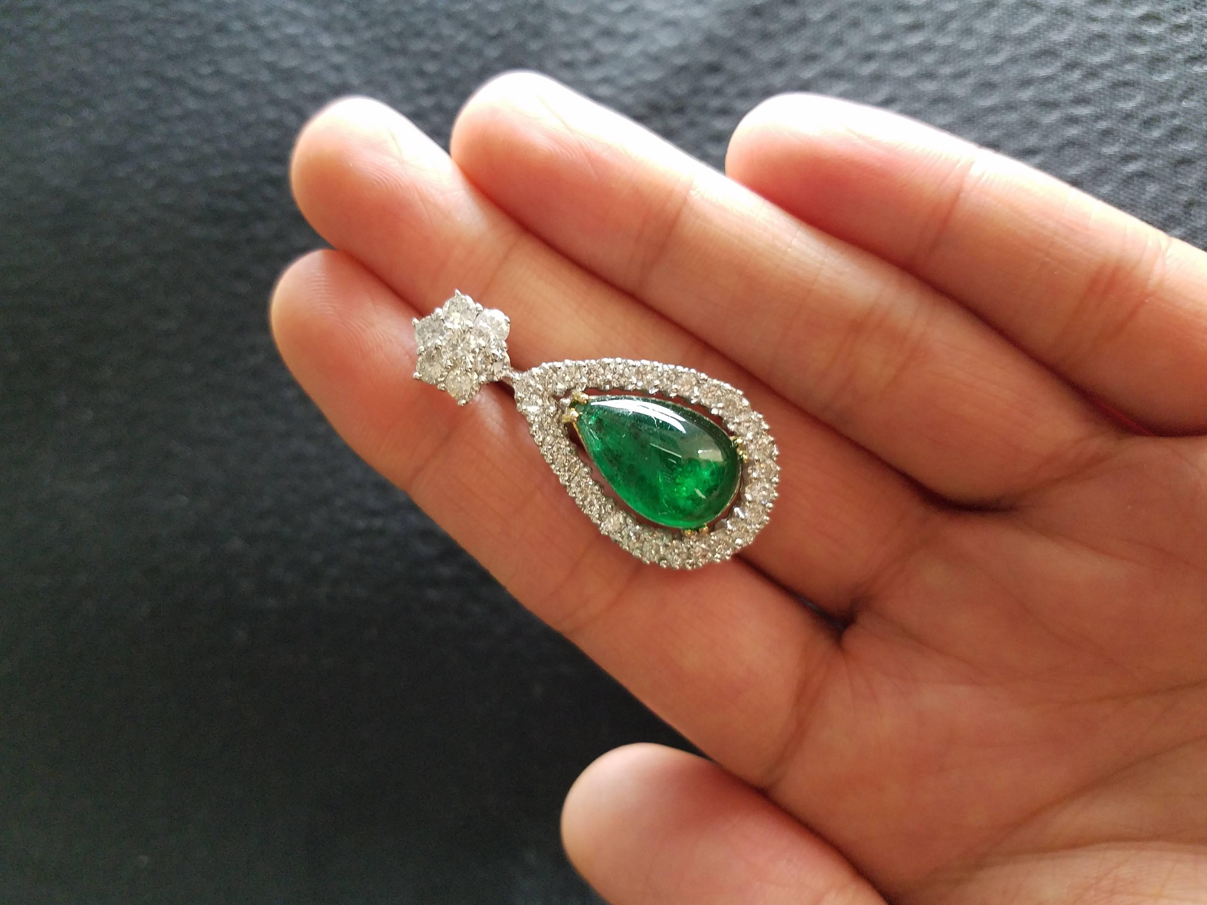 Pear Cut 8.06 Carat Pear Shape Emerald Cabochon and Diamond Pendant