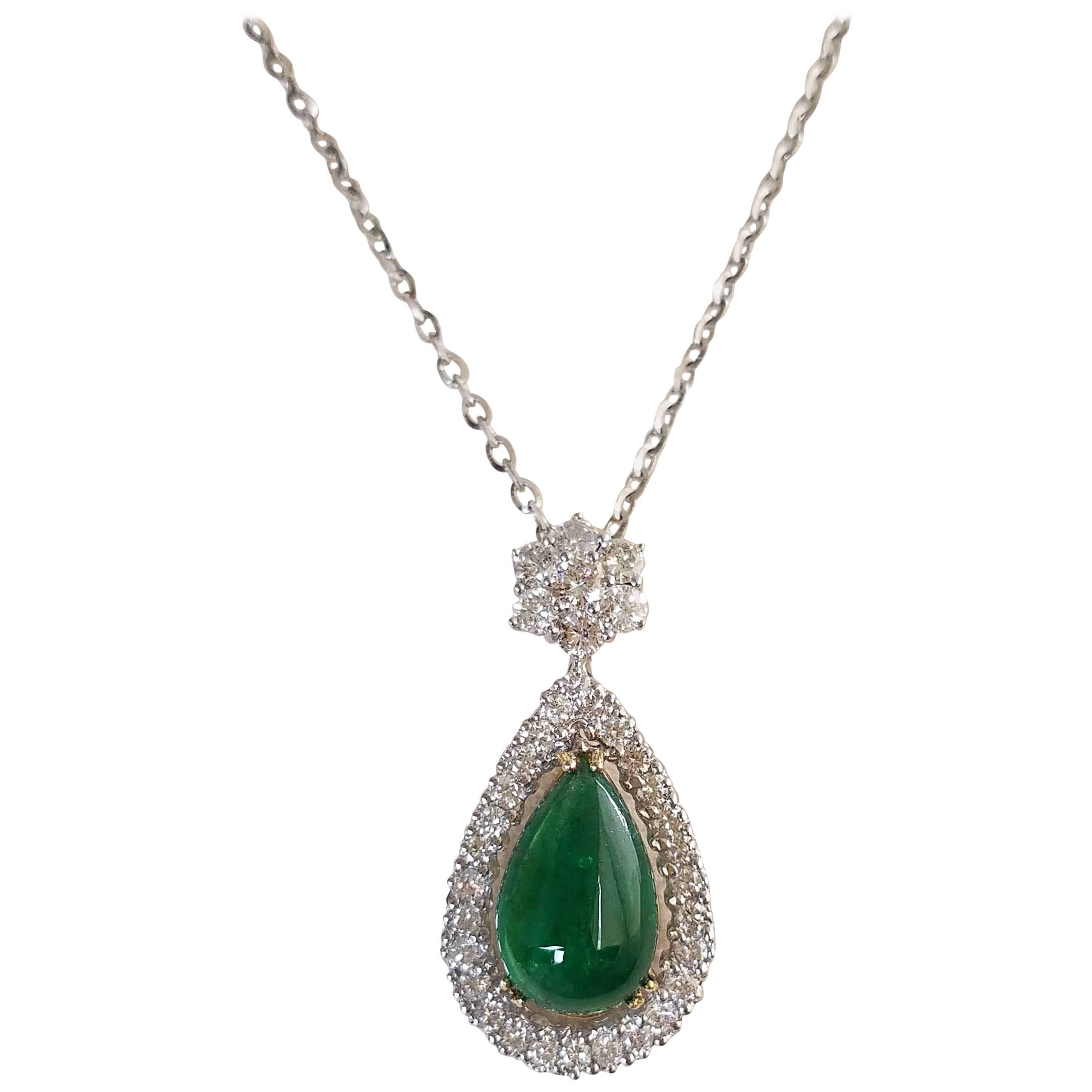 8.06 Carat Pear Shape Emerald Cabochon and Diamond Pendant