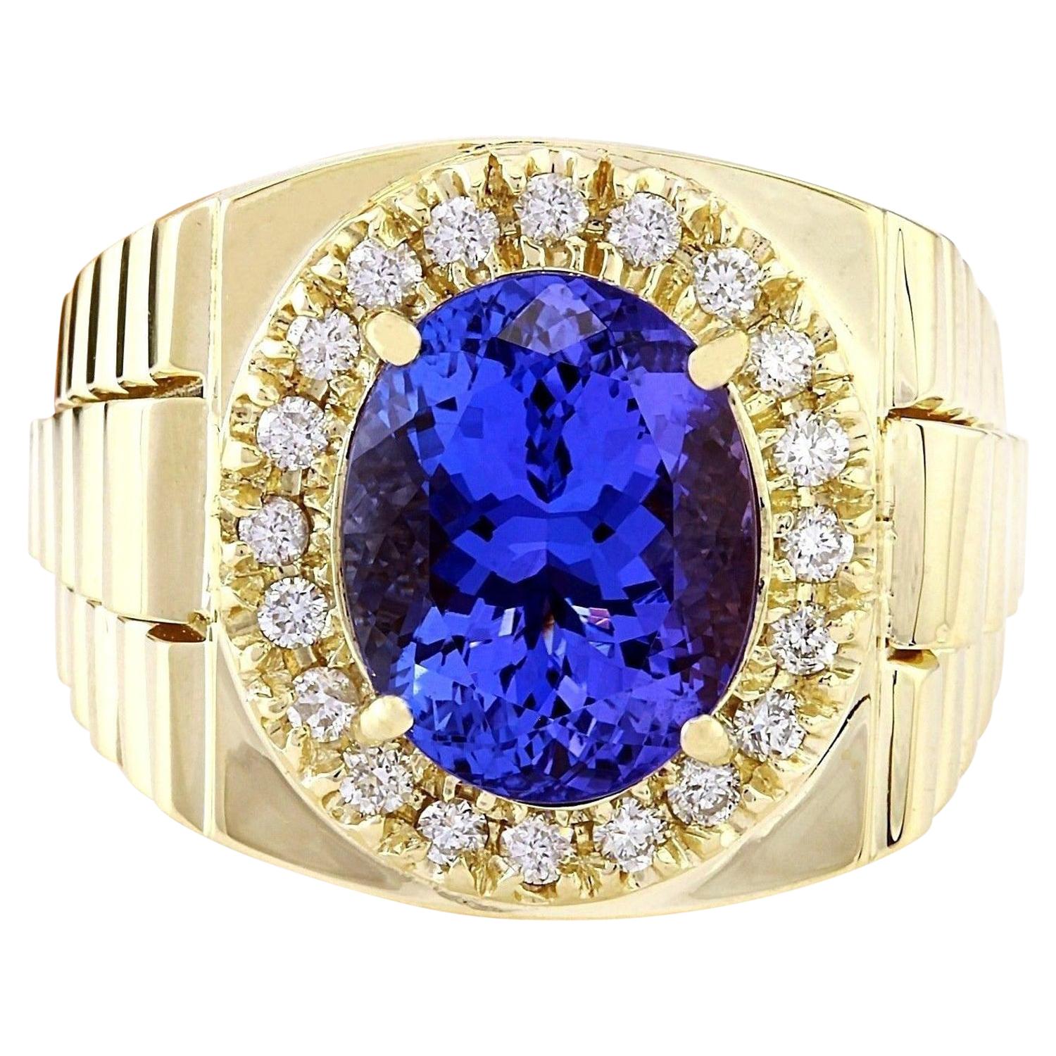 Bague pour homme en or jaune massif 14 carats, Tanzanite naturelle avec diamant 