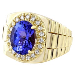 Man's Natural Tanzanite Diamond Ring In 14 Karat Solid Yellow Gold
