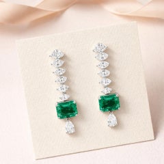 Emerald Cut Zambian Emerald Marquise Cut Diamond Drop Earrings in 18K White Gold