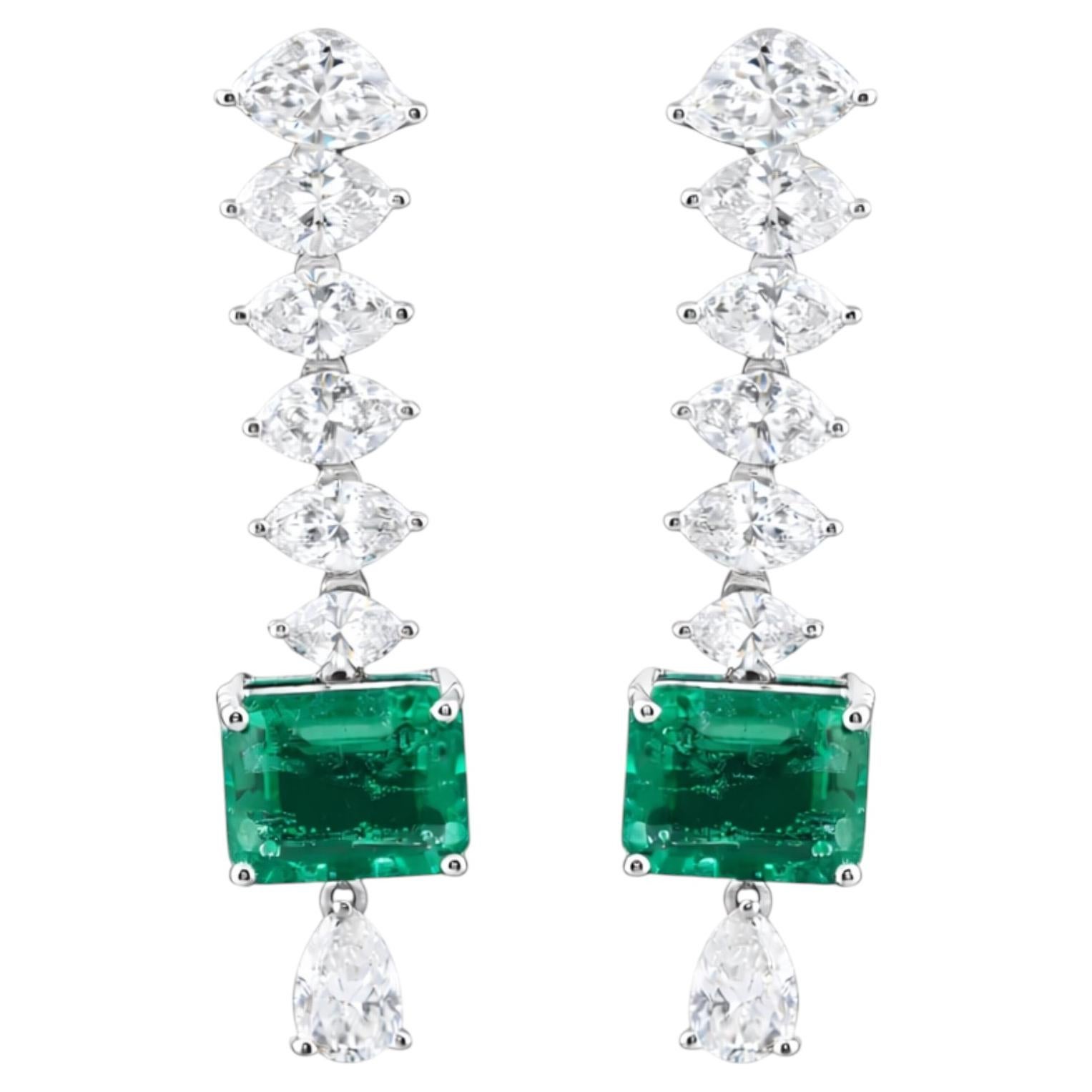 Emerald Cut Zambian Emerald Marquise Cut Diamond Drop Earrings in 18K White Gold