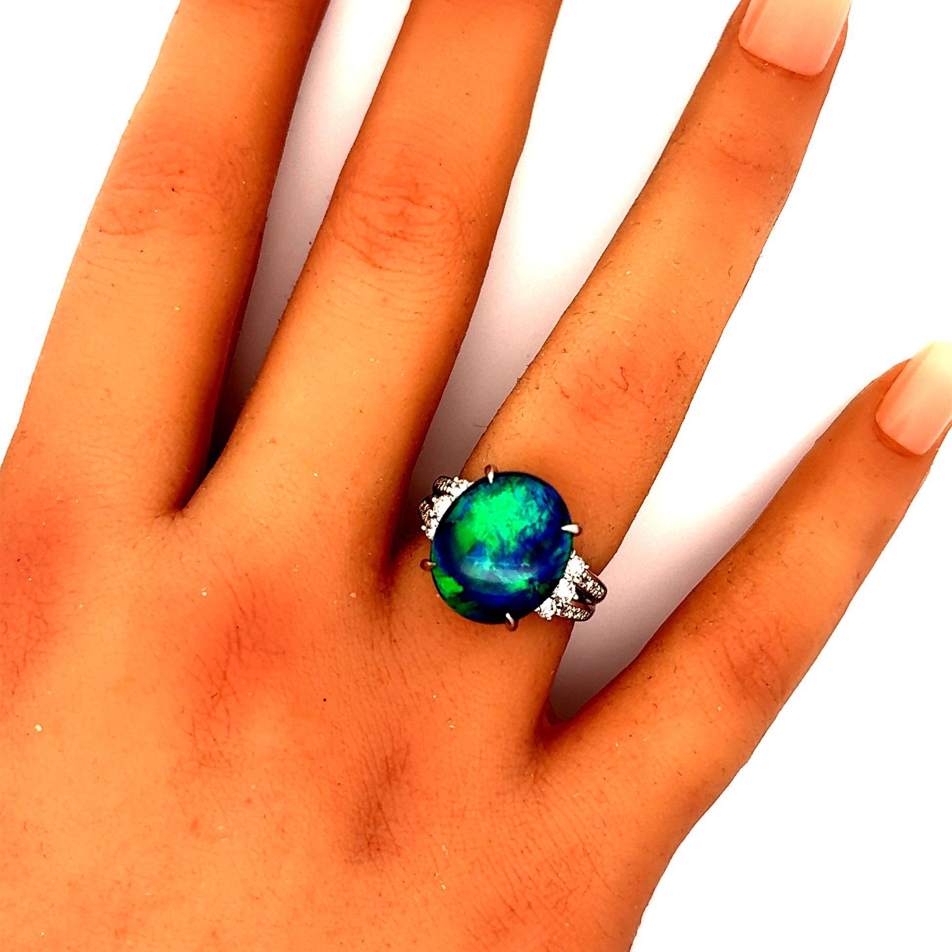 Cabochon 8.07 Carat Australian Black Opal Diamond Platinum Ring