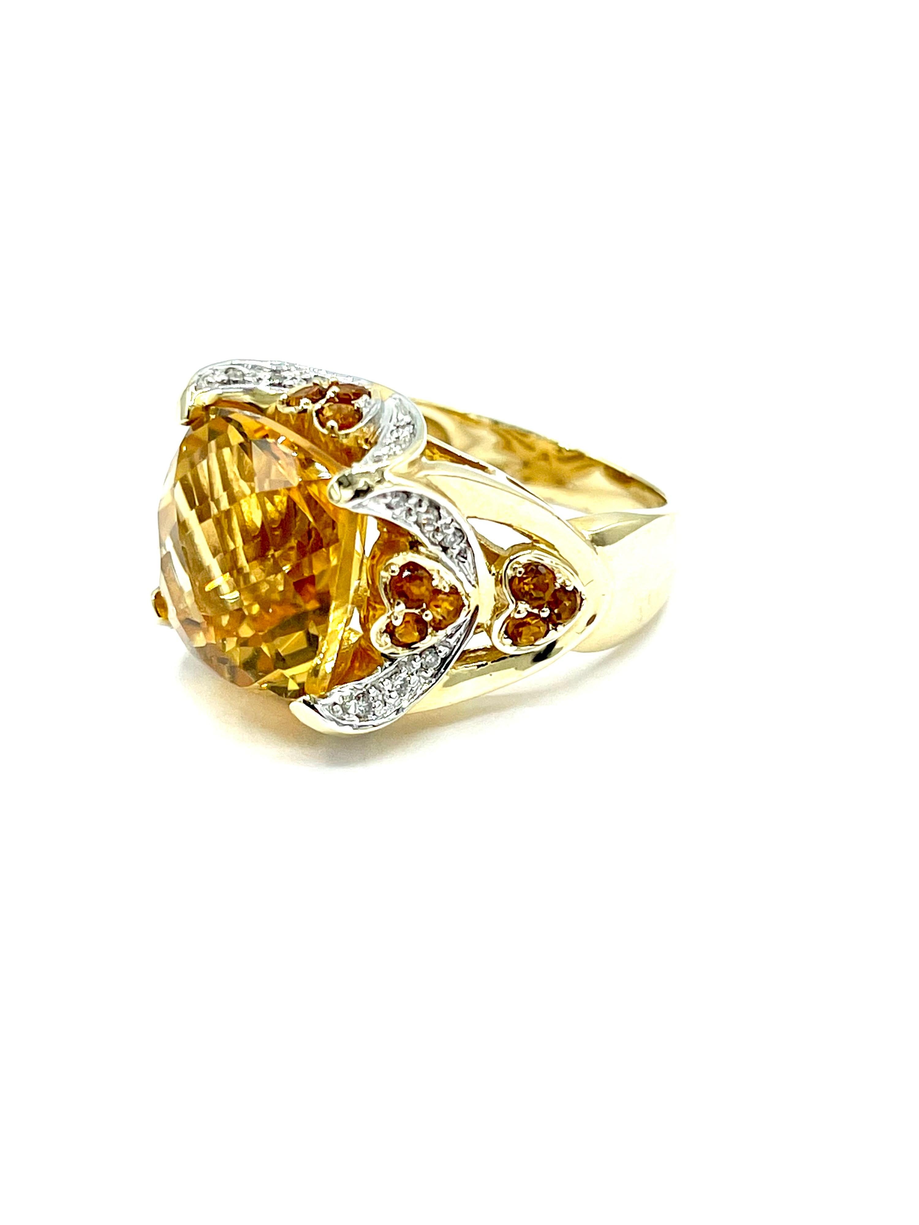8.07 Carat Faceted Cushion Citrine and Diamond Yellow Gold Fashion Ring In Excellent Condition For Sale In Chevy Chase, MD